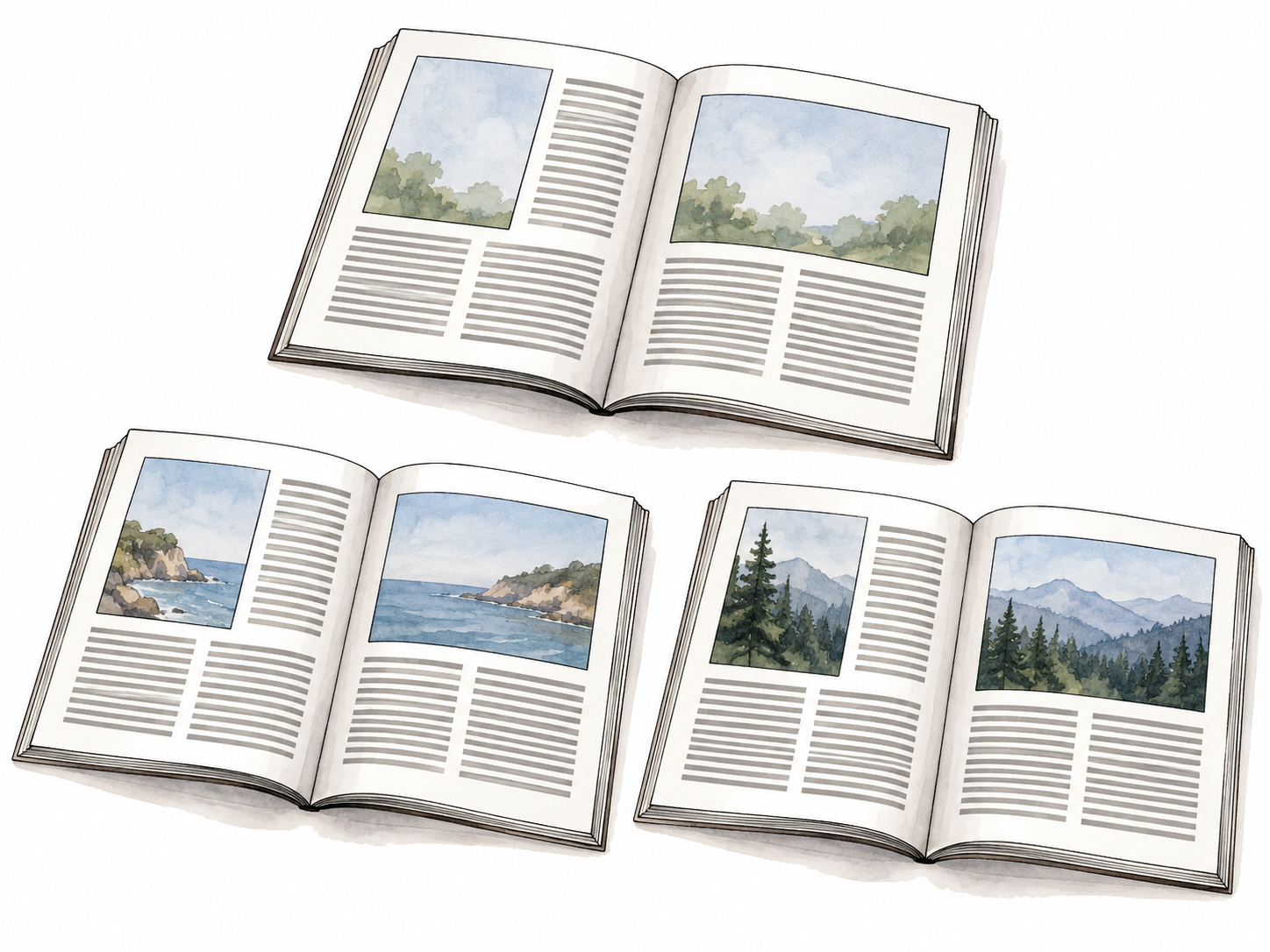 Three blank magazine spreads with identical empty picture rectangles and line blocks arranged consistently into columns, clear visual layout with no letters or fake writing.