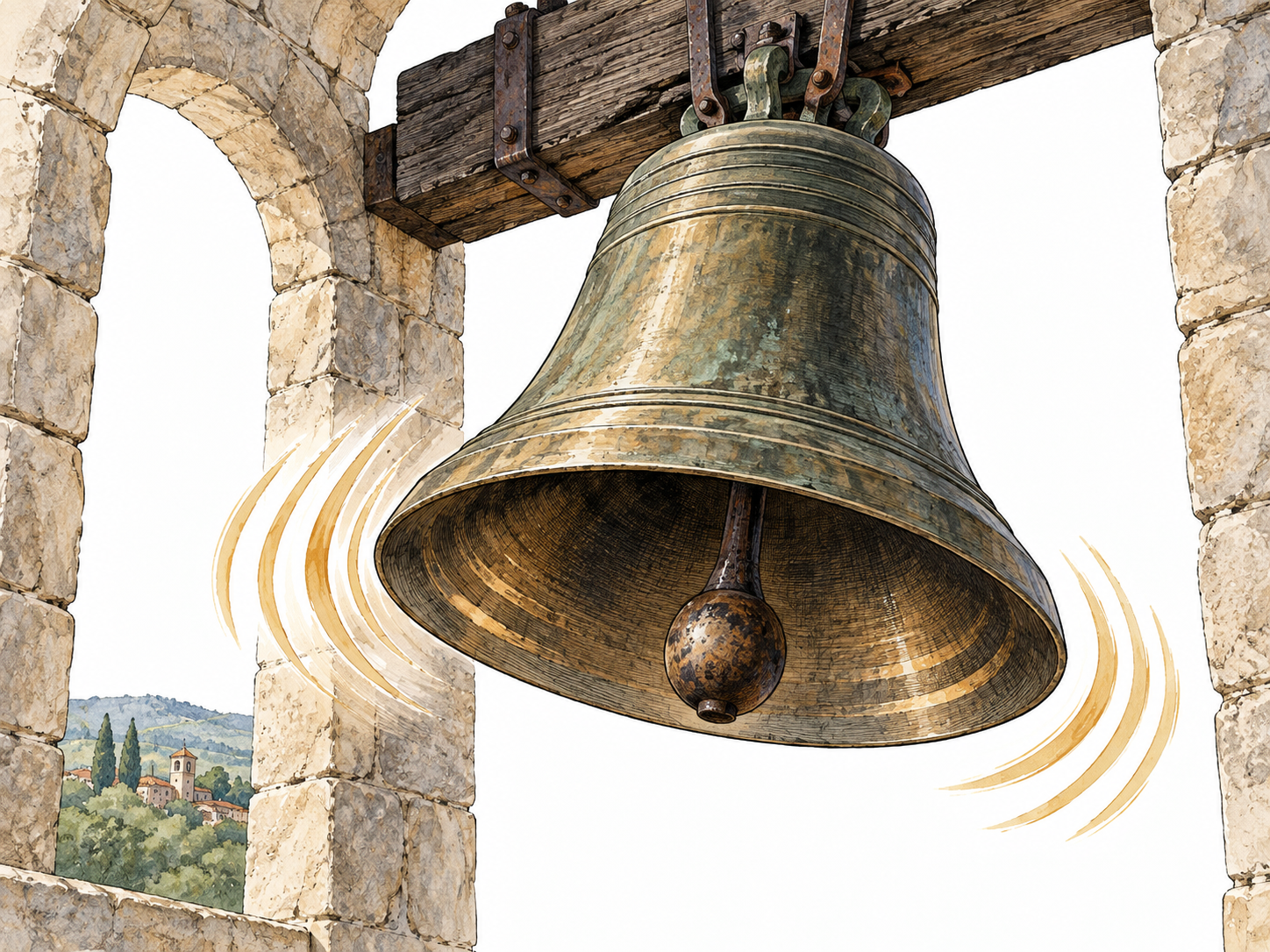 A large low bell hanging in stone belfry with vibration marks around mouth, deep full sound.