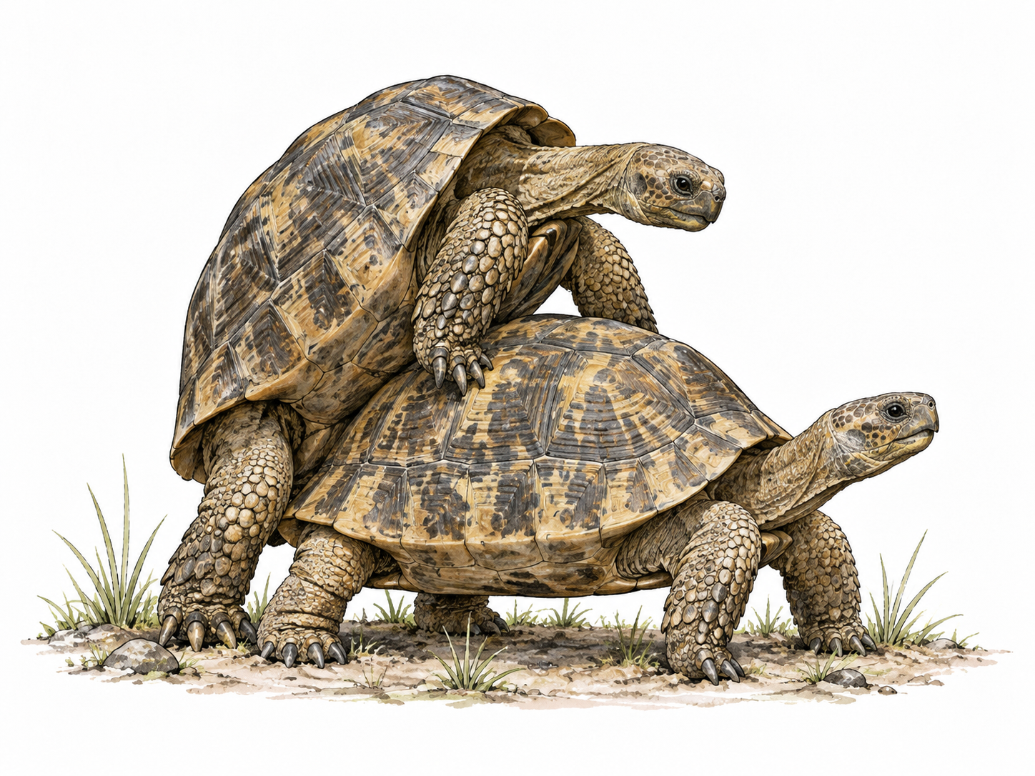 Scientific non-erotic wildlife illustration of two adult tortoises mating, natural shell-covered bodies, no exposed genital detail.