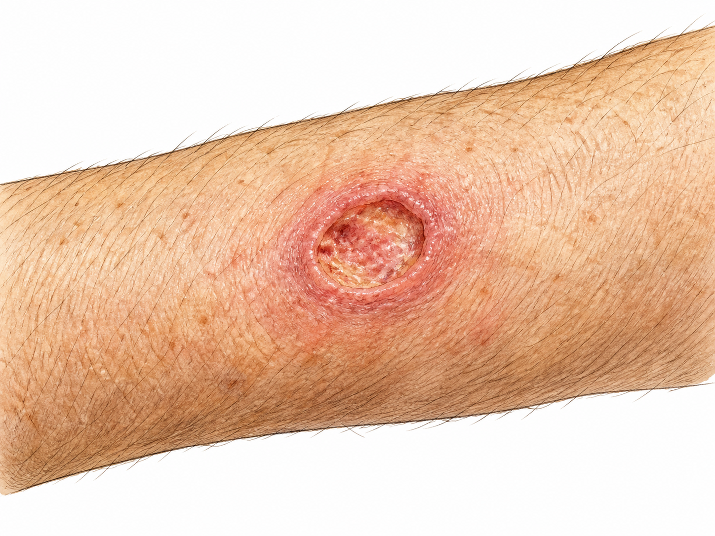 A small shallow circular open sore on an illustrated skin patch, clinical non-graphic, no blood.