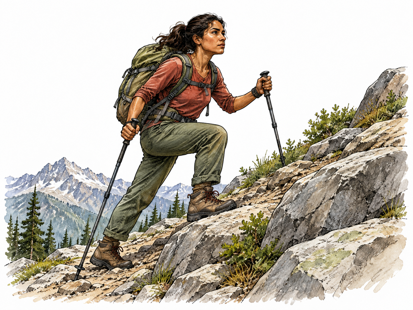 A Latina mountain climber faces a difficult uphill trail with firm focused expression and planted stance.