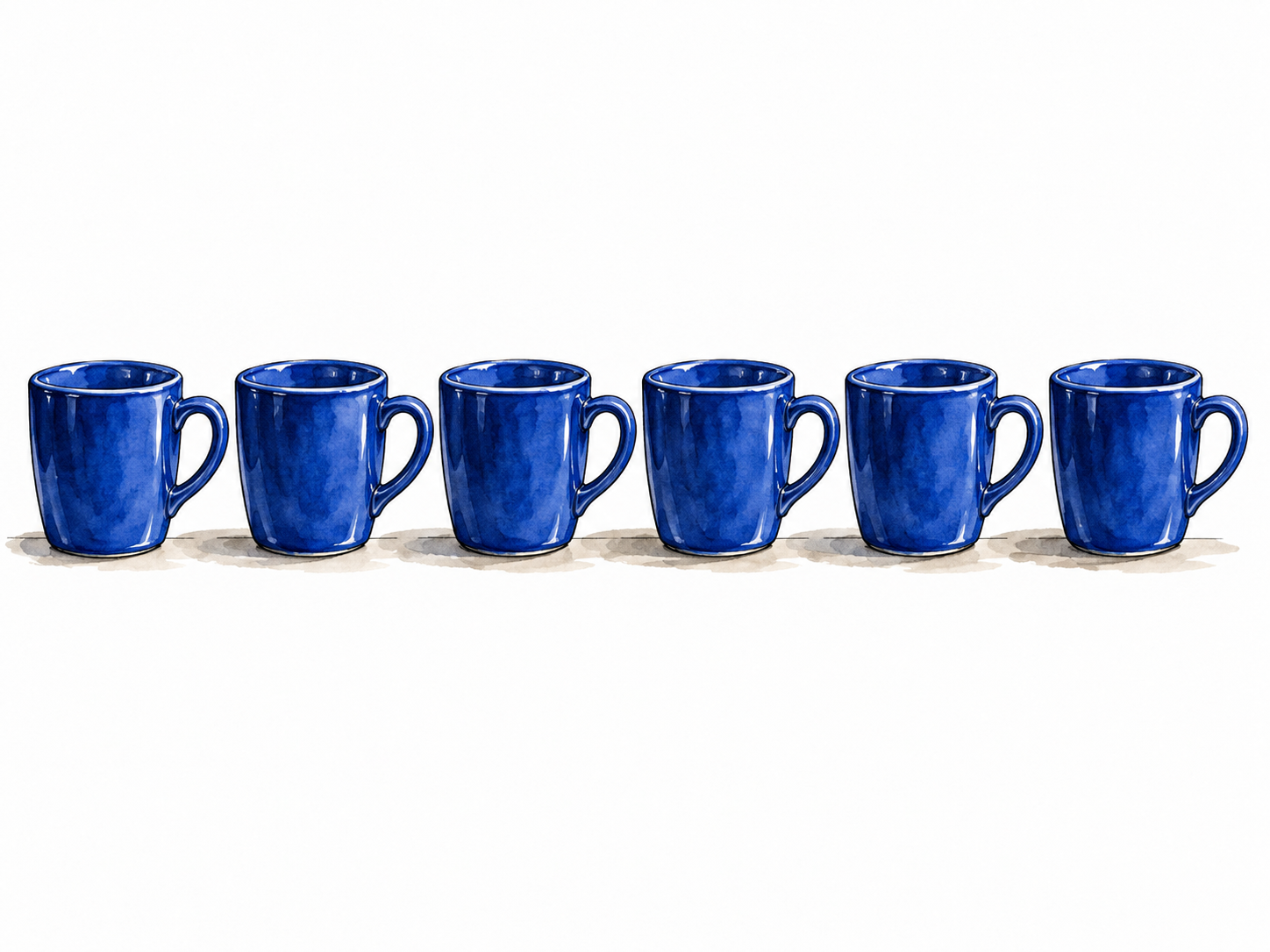 A neat row of six identical cobalt ceramic cups, exactly same size shape and color, emphasizing consistency.