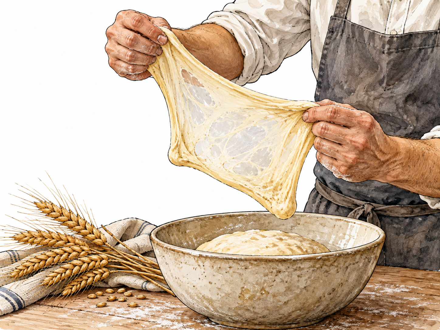 A baker stretches an elastic translucent window of wheat dough between hands, wheat stalks beside bowl, gluten network implied accurately.