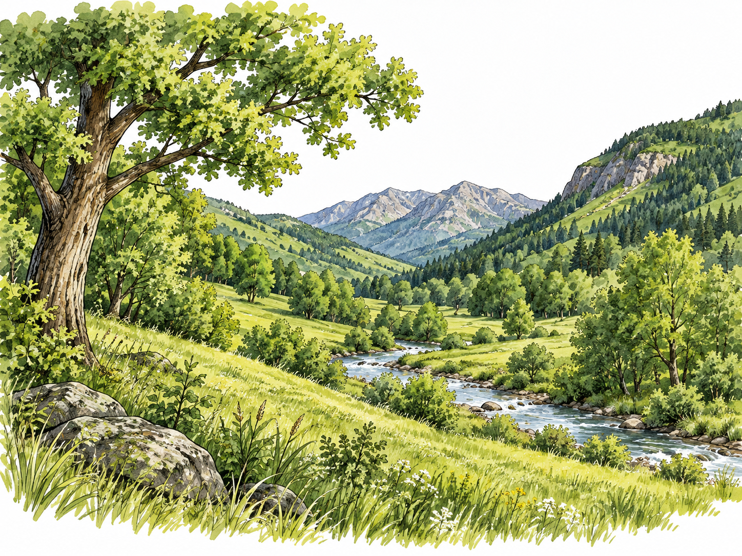 A lush green valley thick with grasses and leafy trees.