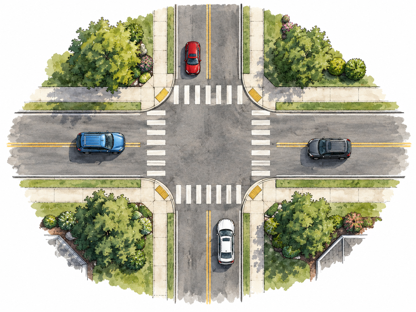 Bird's-eye view of a clear four-way road intersection with sidewalks, crosswalks and a few cars, no street labels.