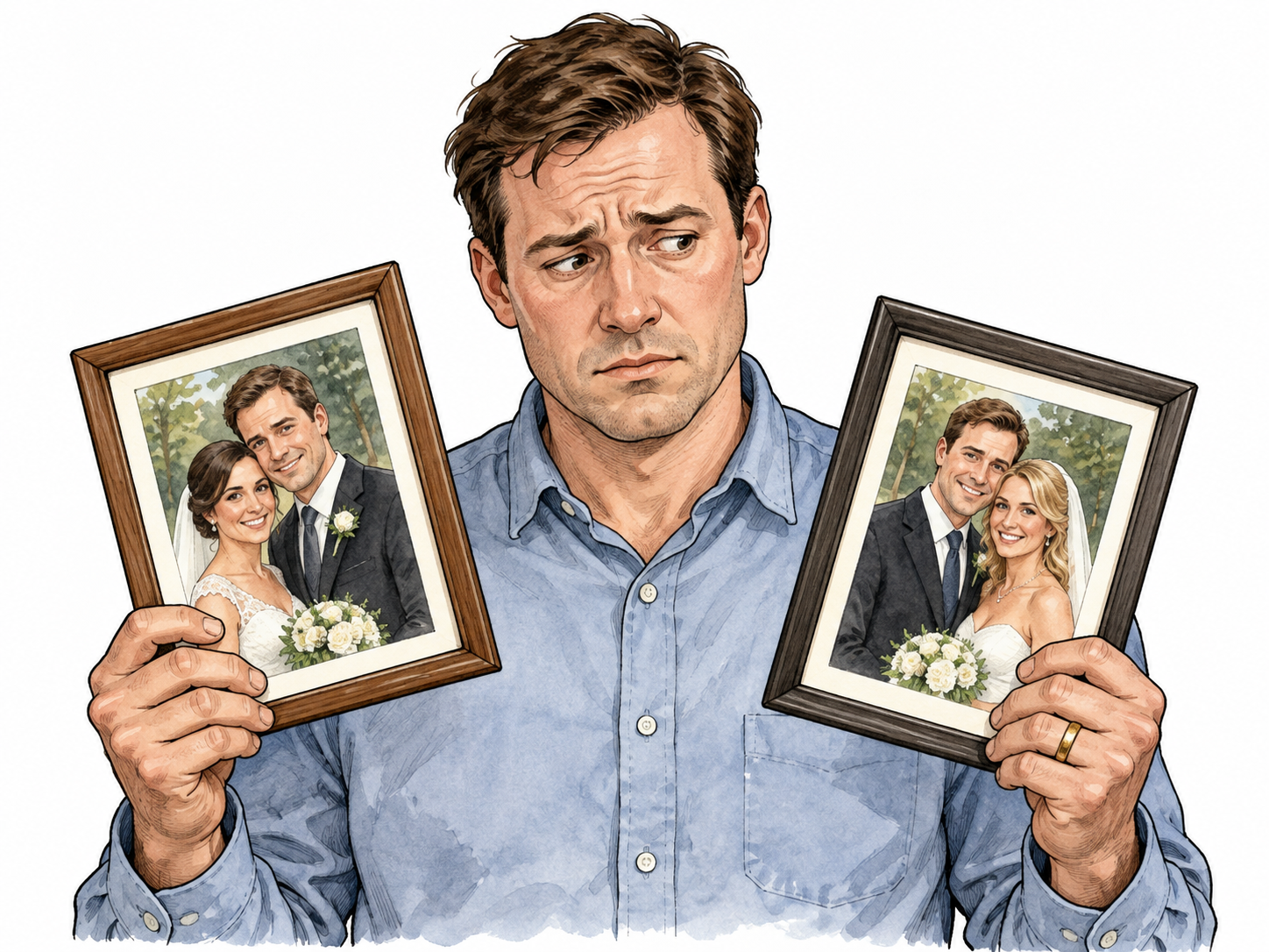 A married adult white man wearing wedding band secretly holds two different wedding portraits of himself with different spouses, concerned expression, restrained educational depiction.