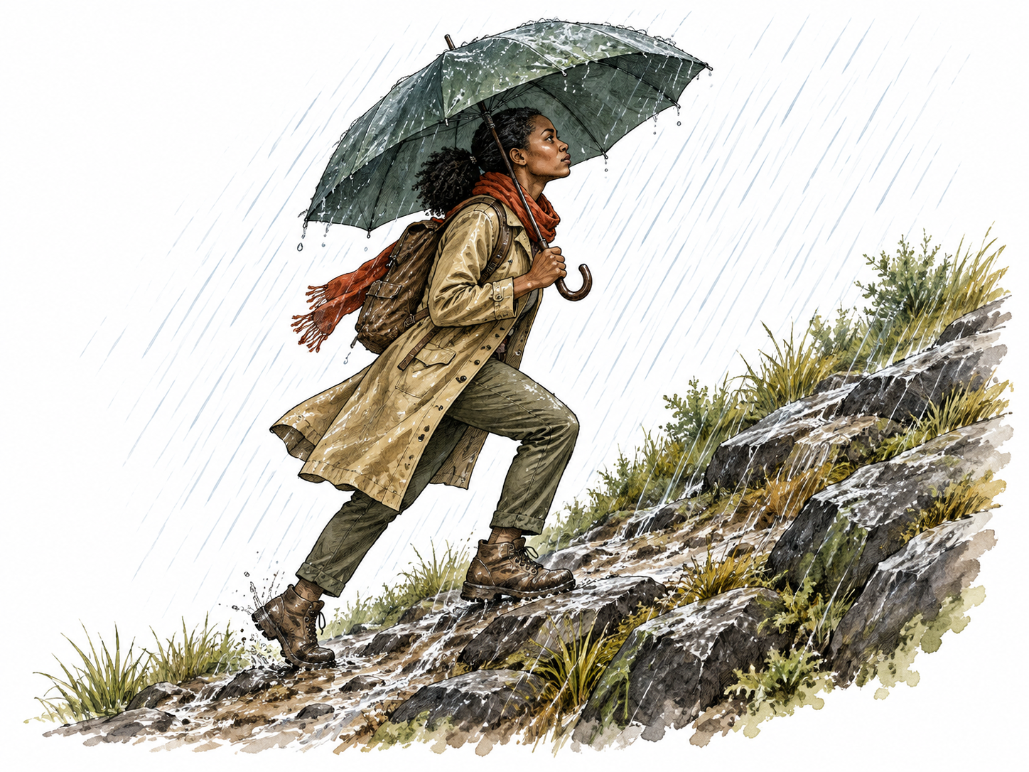 A Black woman continues walking uphill beneath umbrella despite strong rain, determination conveys despite obstacle.