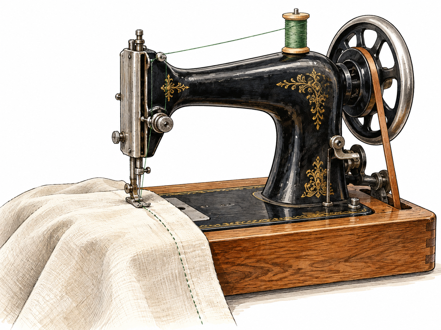 A mechanical sewing machine with visible needle and flywheel stitching cloth, clear device doing work.