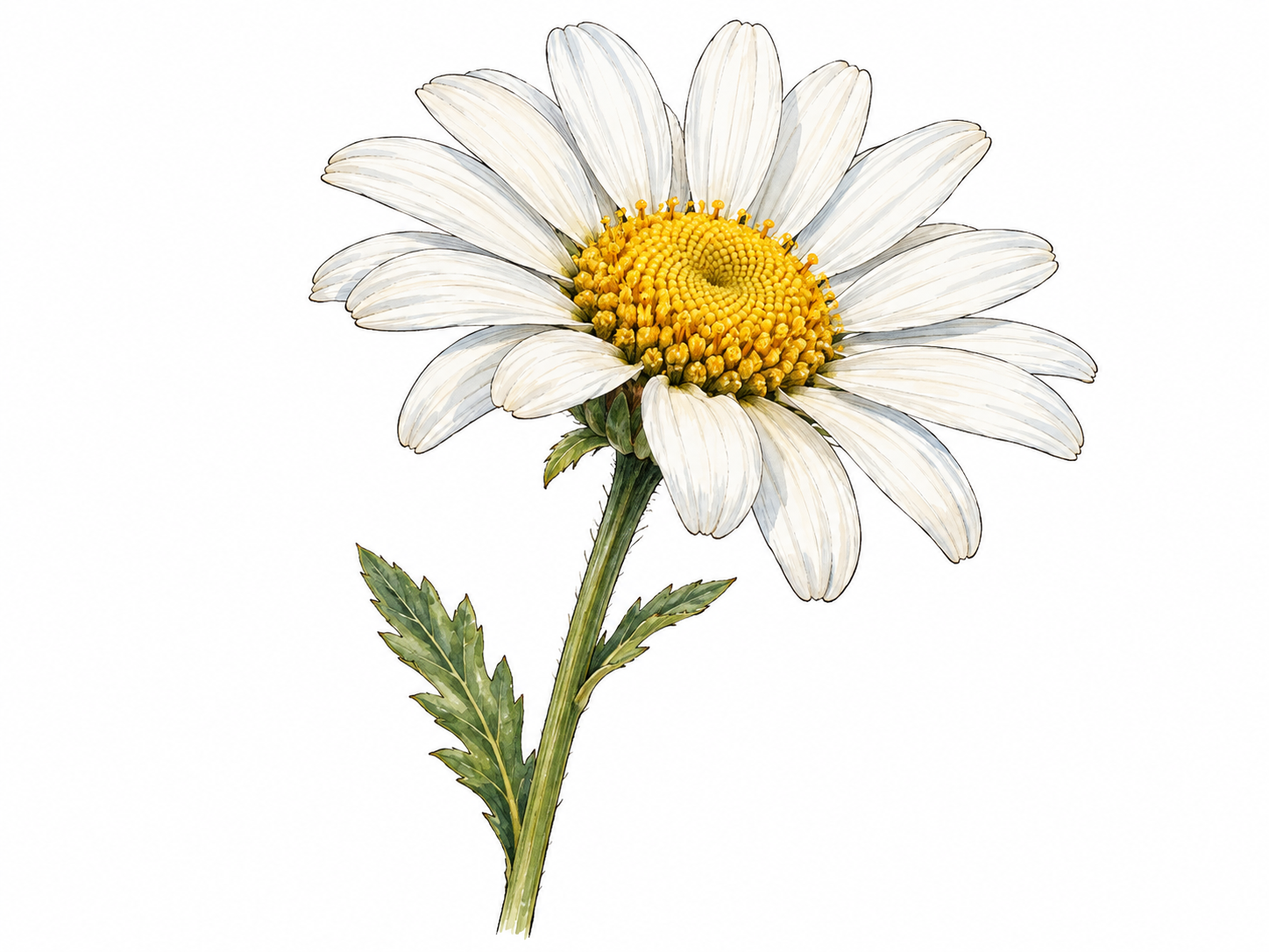 Botanical close-up of one daisy, white ray petals and yellow disk center, green stem and small leaves.