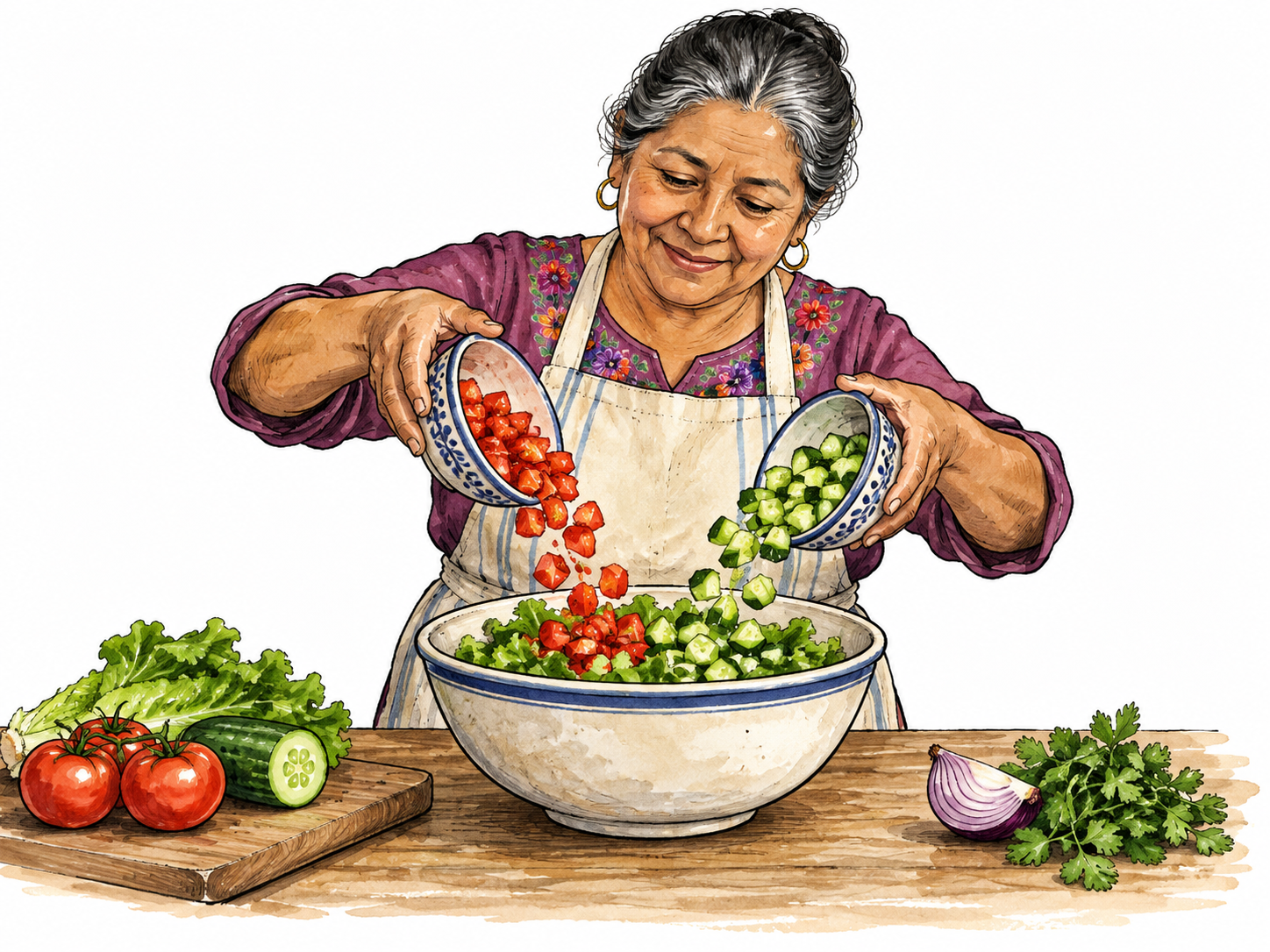 An older Latina cook combining chopped vegetables from two small bowls into one big salad bowl, clear joining action.