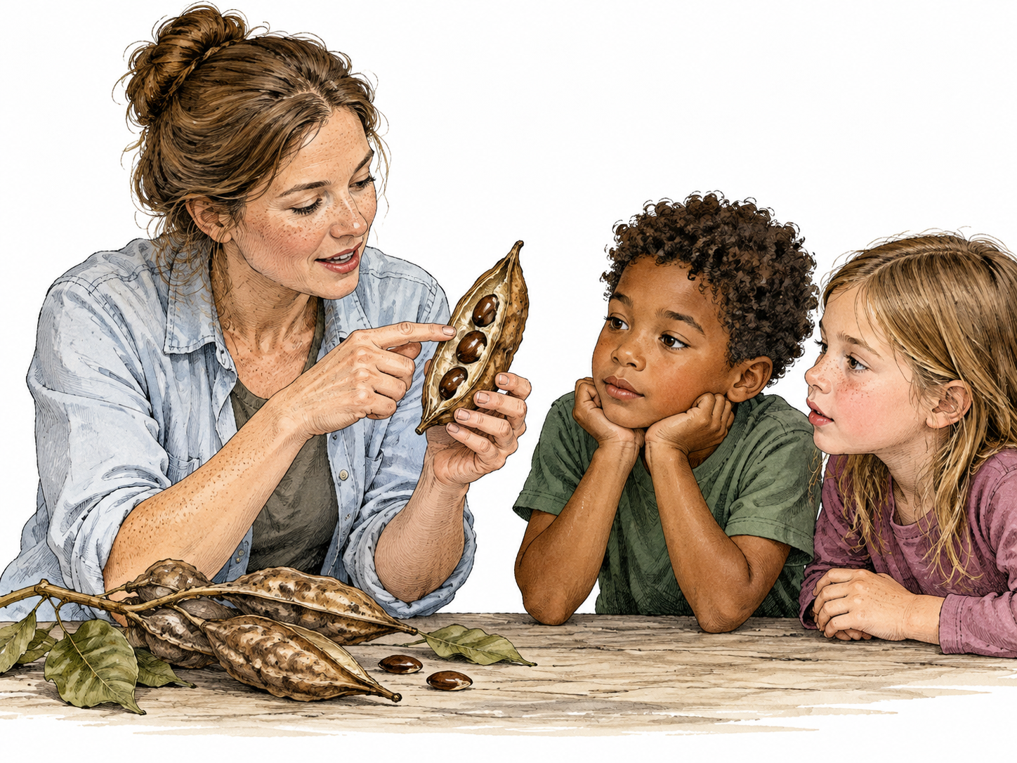 A white science teacher holds a cut-open seed pod for two attentive children to see, making interior visible.