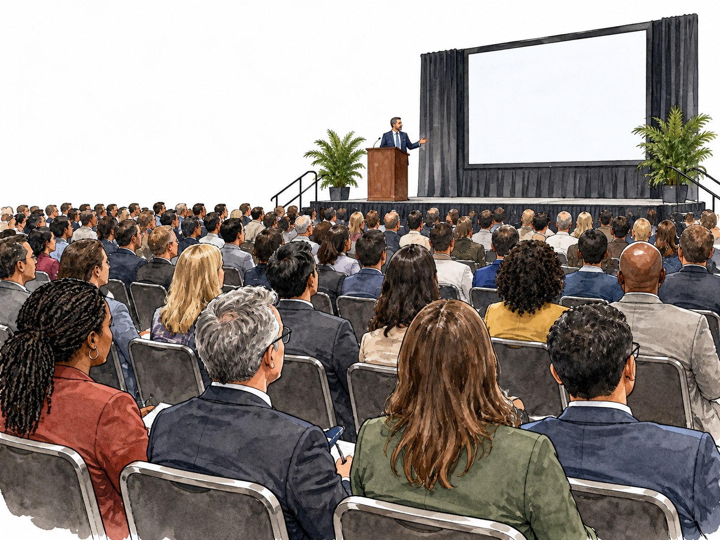 A professional convention hall with many seated attendees facing one speaker and simple blank display, varied adult ethnicities, clear large formal gathering.
