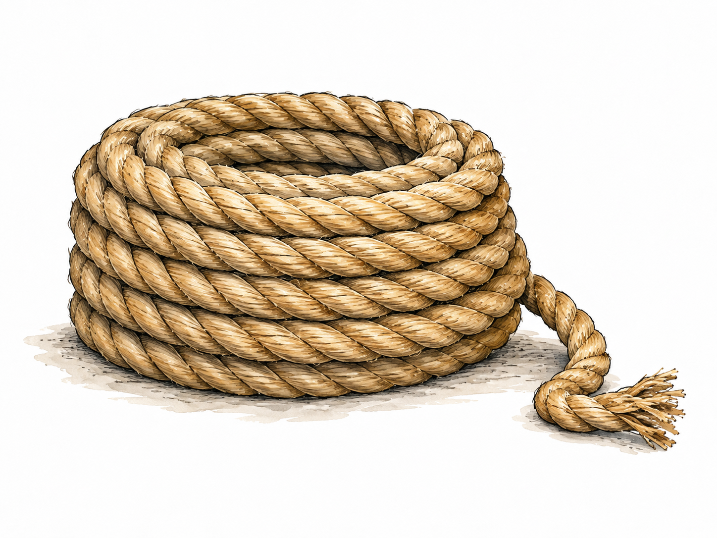 A neatly wound coil of thick natural rope, one loose end.