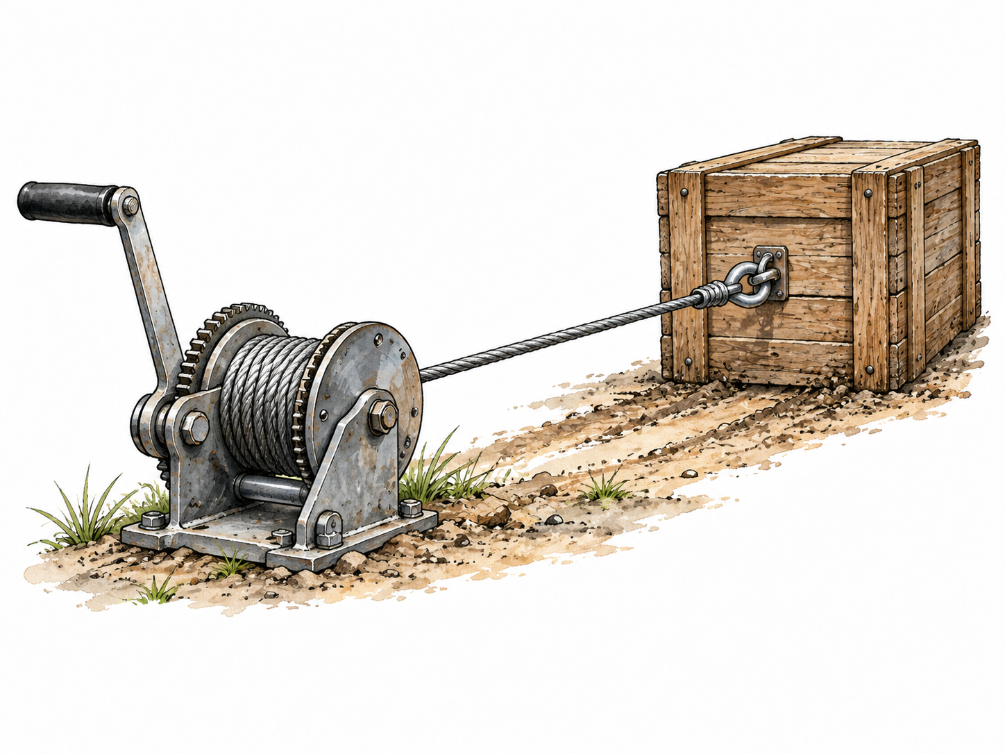 A compact steel hand winch with cable wound on a drum, crank handle and cable pulling a heavy wooden crate across ground.
