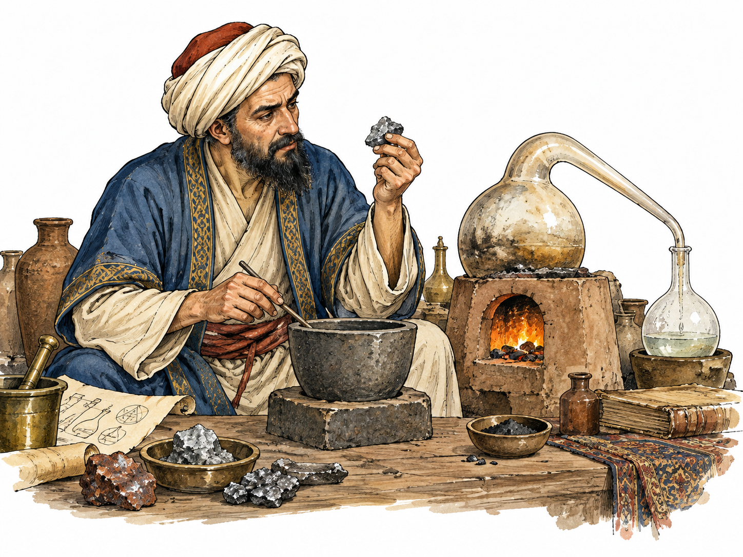 Medieval Persian alchemist works beside retort, crucible and samples of dull metal, seeking transformation, no modern lab.