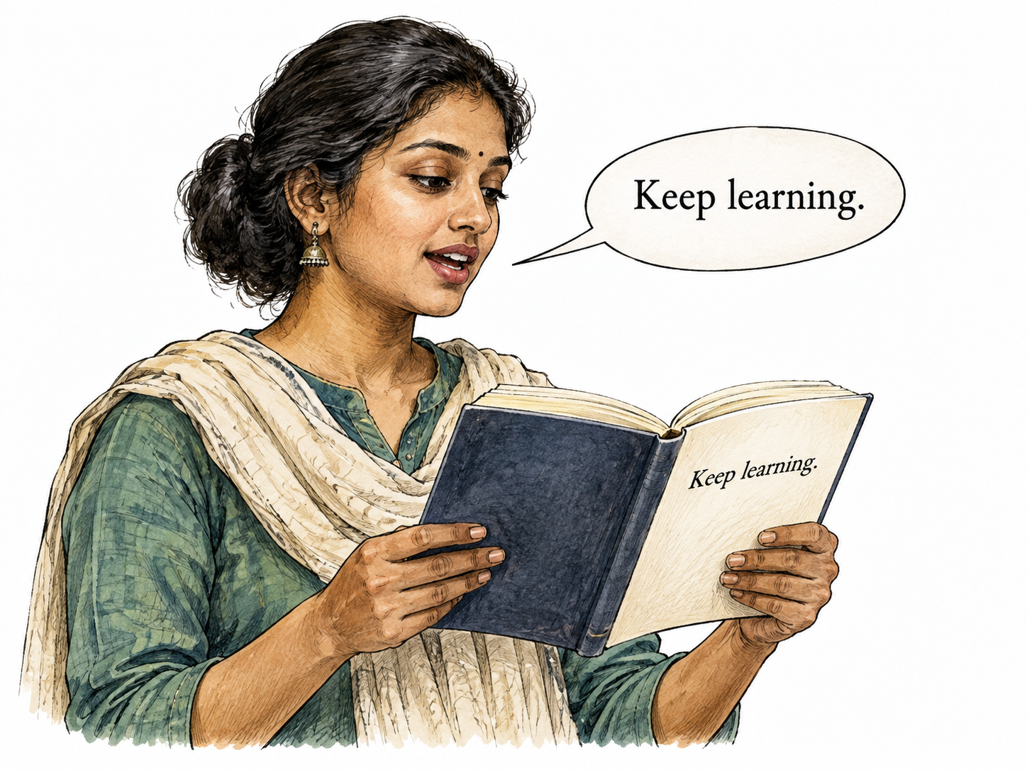 A South Asian speaker reads from an open book whose short sentence "Keep learning." is repeated in a small speech bubble, exact match.