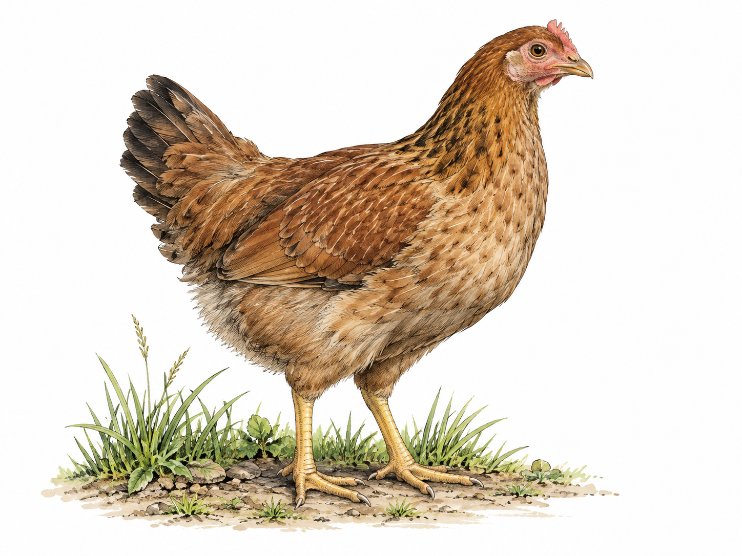 A young feathered brown hen with small immature comb, no eggs, poultry naturalistic portrait.