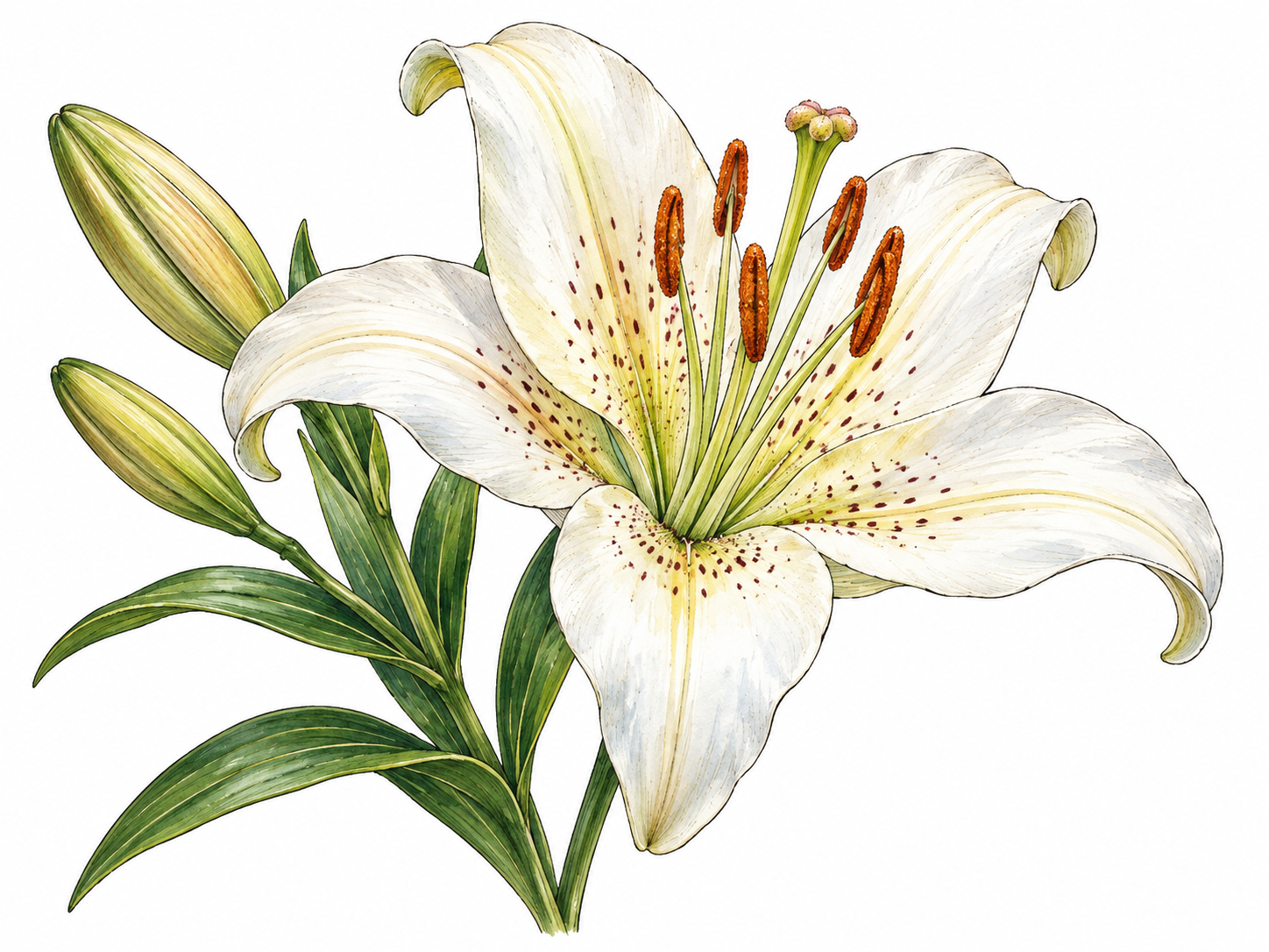 Botanical close-up lily flower with six slender stamens and pollen-bearing anthers, botanical accuracy.