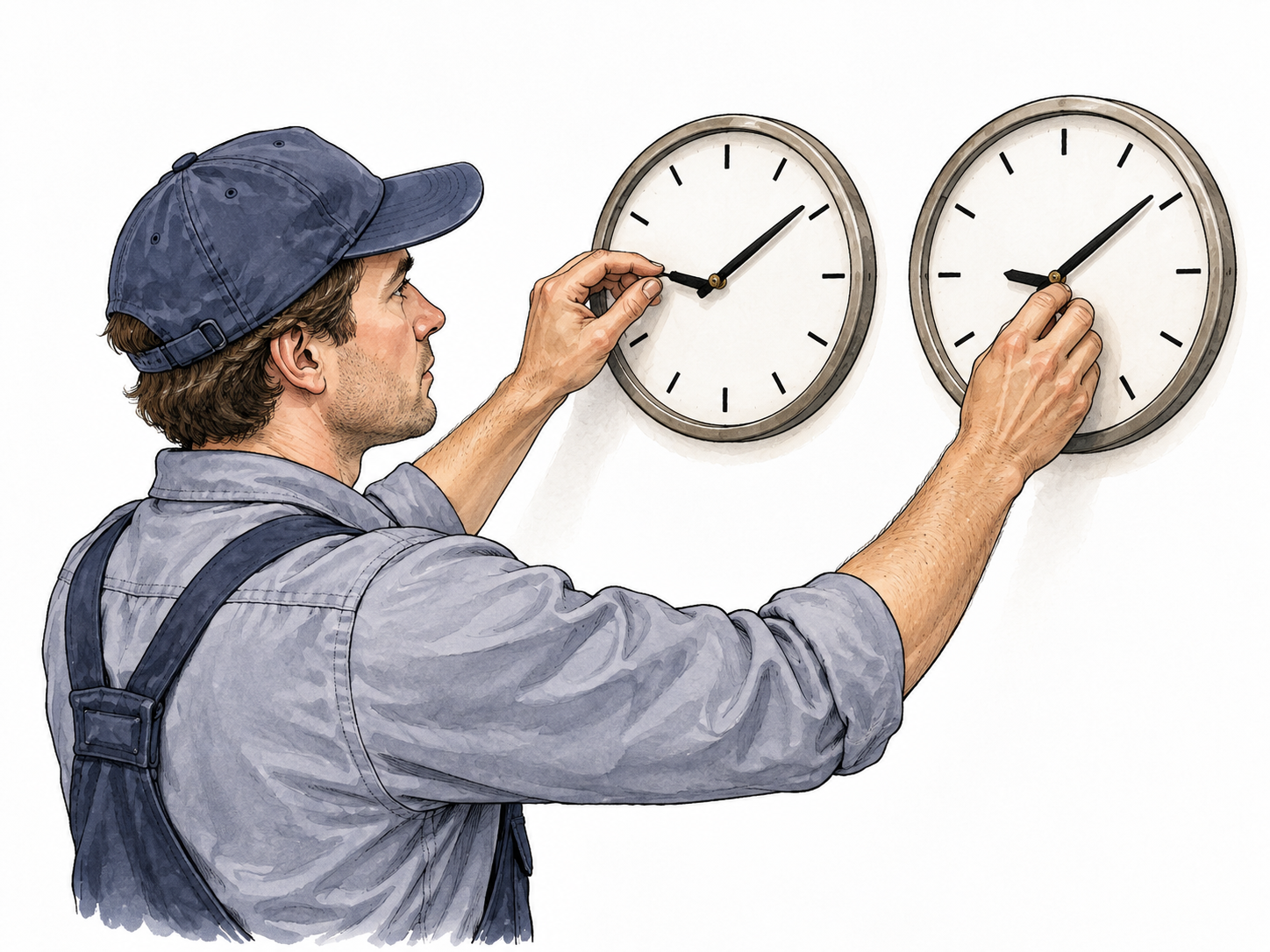 A white technician carefully adjusts two analog clocks so their hands match, clocks have simple tick marks no numbers.