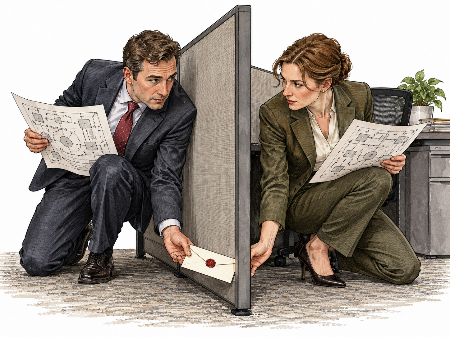 Two well-dressed white adults secretly exchange a sealed envelope behind an office partition while studying a plan, underhanded plotting.