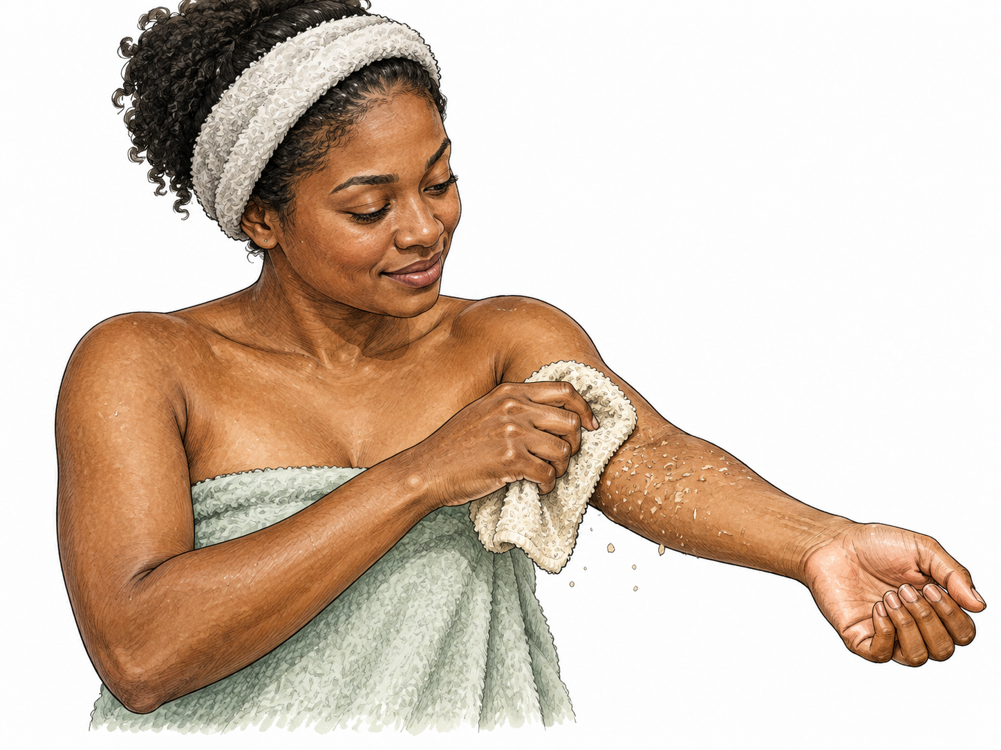 A Black adult gently rubs a soft washcloth over forearm to remove surface skin cells, healthy non-graphic skincare.