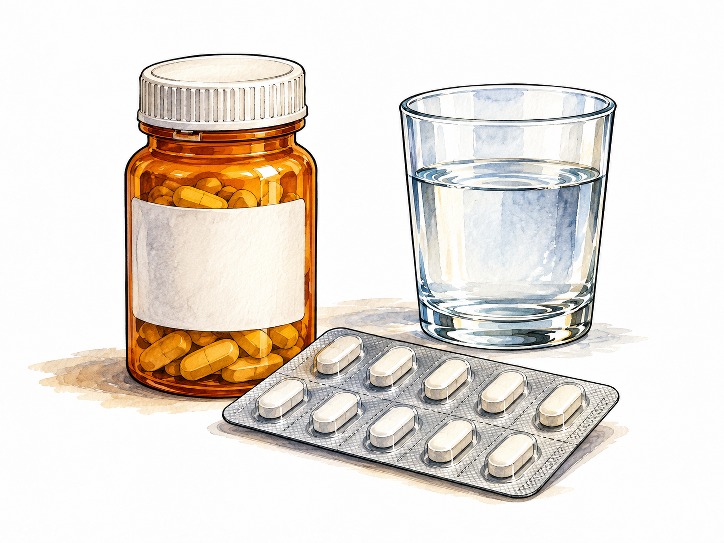 An amber pill bottle with blank label and a sealed blister pack beside a glass of water, pharmaceutical treatment still life, no dosage text.