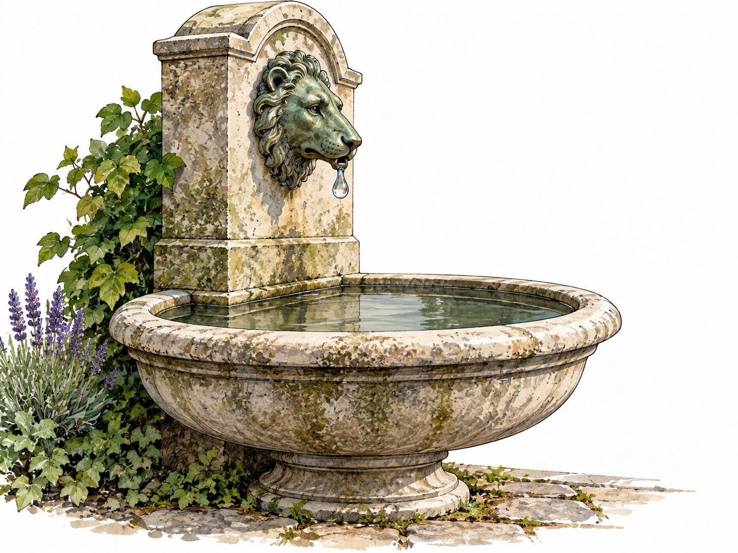 A stopped fountain with still water and no flowing jet, a final drop suspended at spout, calm end of motion.