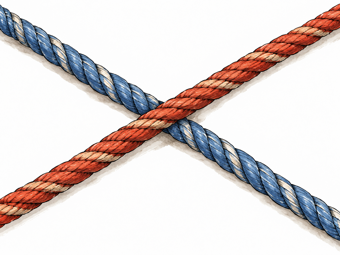 Two colored ropes crossing cleanly at one central point on a pale surface, each continuous and visible through crossing.