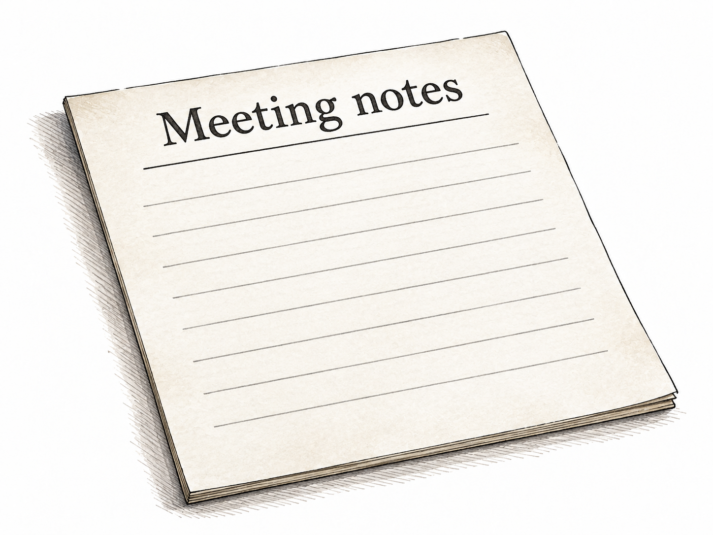 Paper page with top heading exactly "Meeting notes" and small plain horizontal lines below, heading visually clearly at top.