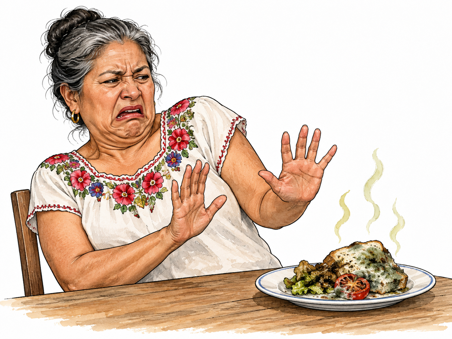 An older Latina adult recoils with intense disgust from spoiled rotten food on a plate.