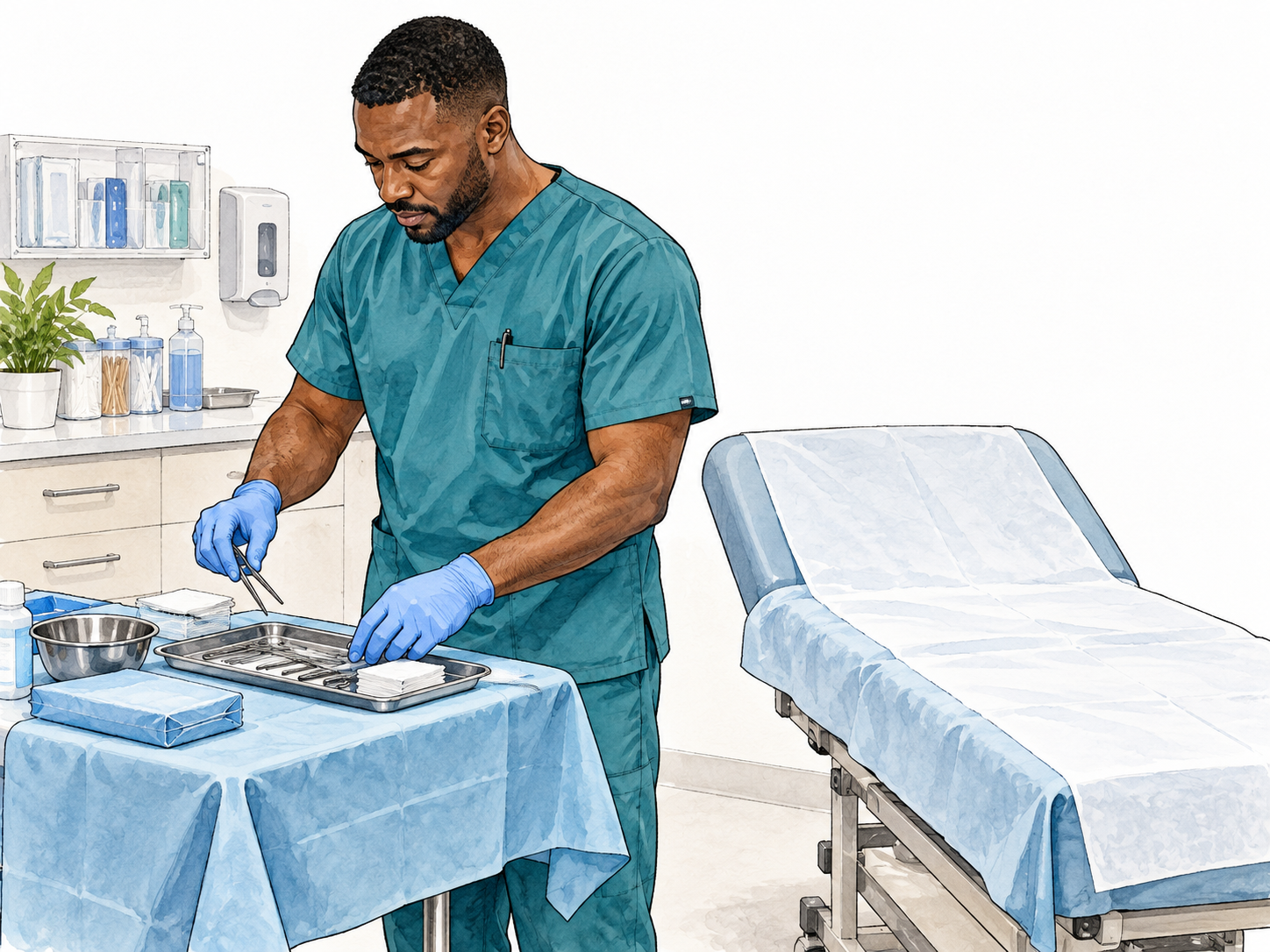 A Black adult male clinician in clean teal scrubs preparing a sterile instrument tray beside an empty draped examination couch for a minor outpatient procedure.