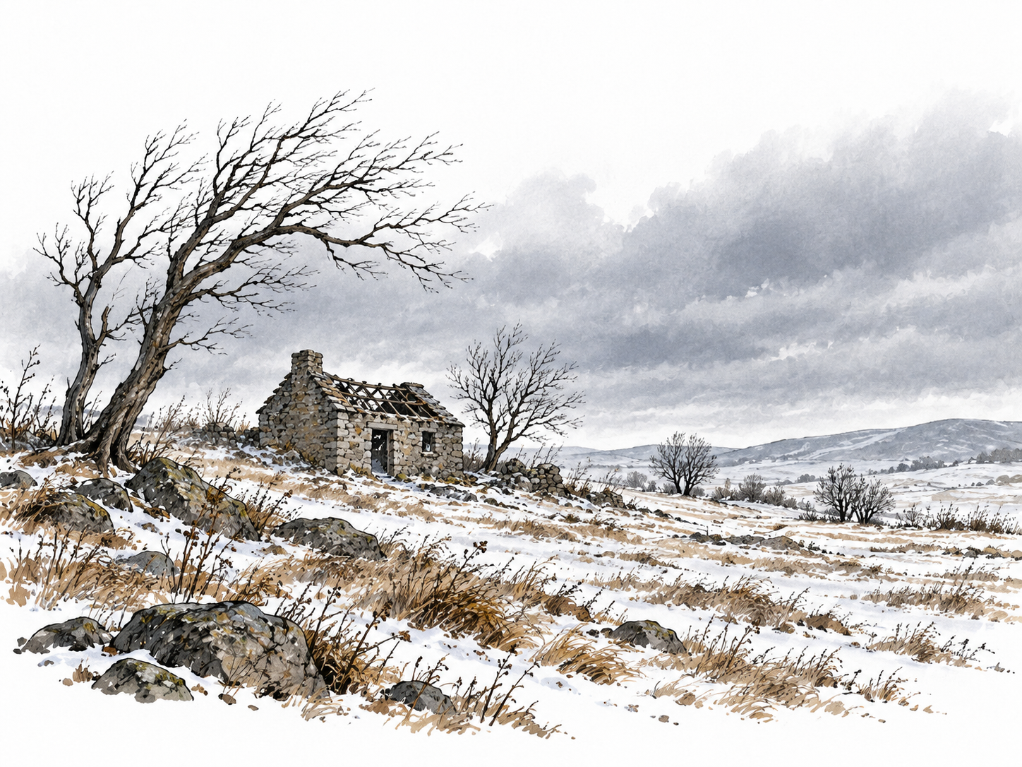 A barren windswept winter field with leafless trees and a lone abandoned stone hut under a cold gray sky.