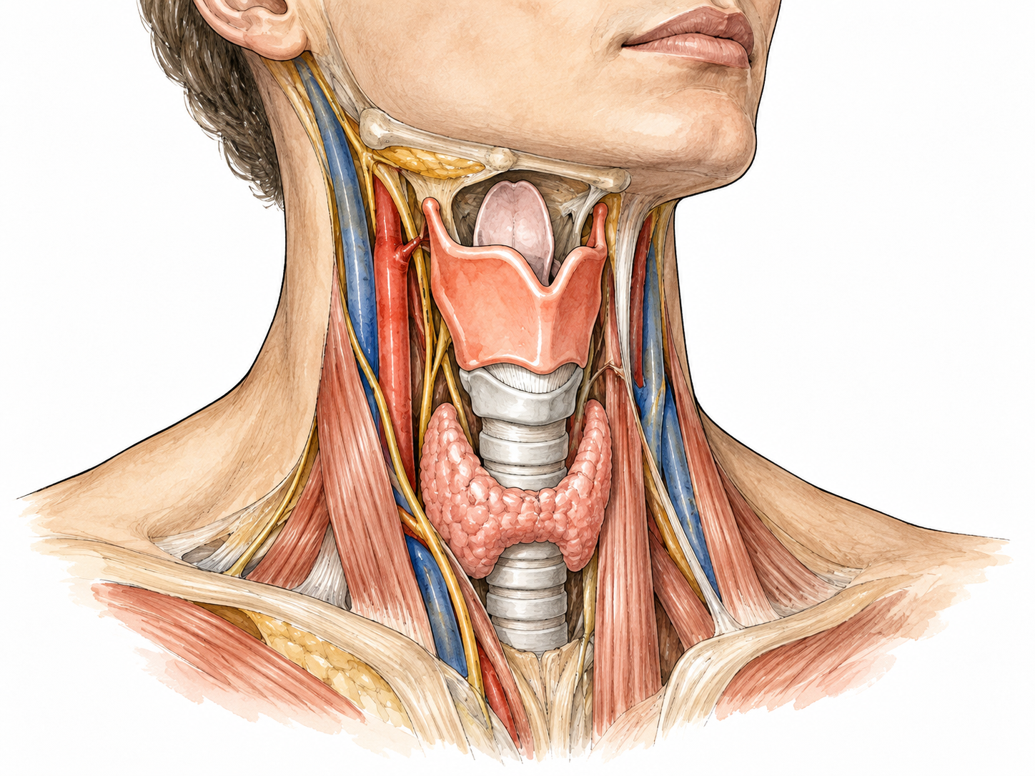 Clean medical educational cutaway showing laryngeal structures around the voice box in the neck, larynx highlighted coral amid subdued neighboring tissues, no labels.