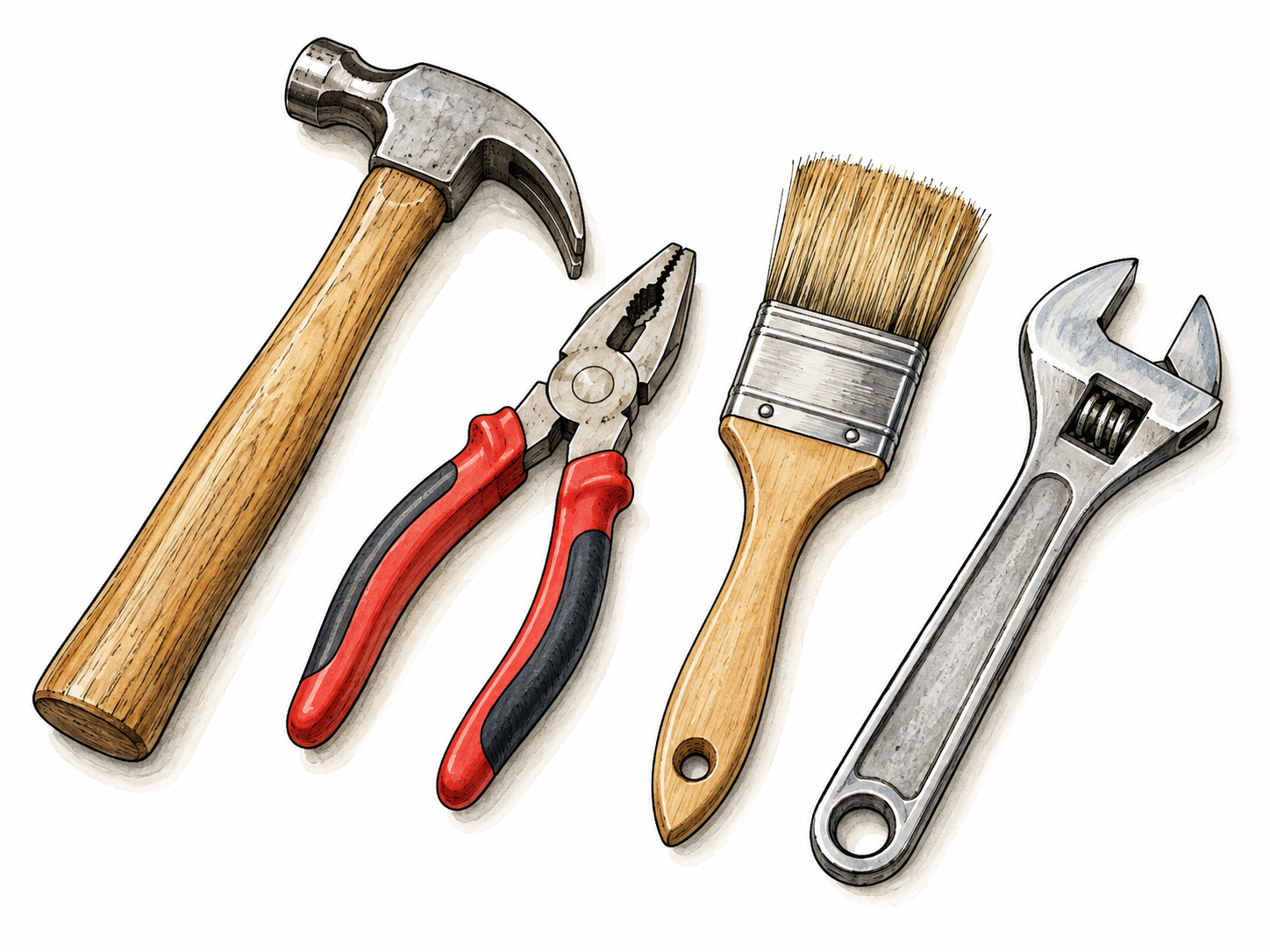 Several different tools: hammer, pliers, paintbrush and wrench arranged neatly.