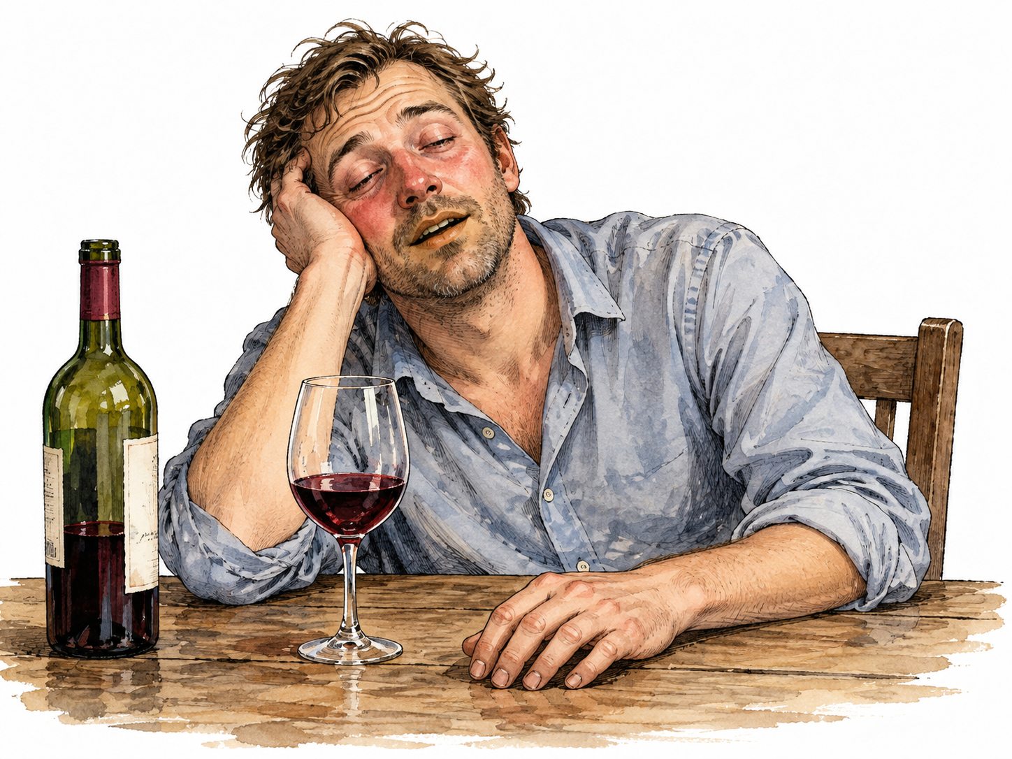 Adult white man visibly intoxicated with drooping eyelids and slumped posture beside wine glass at table, no driving or glamor.