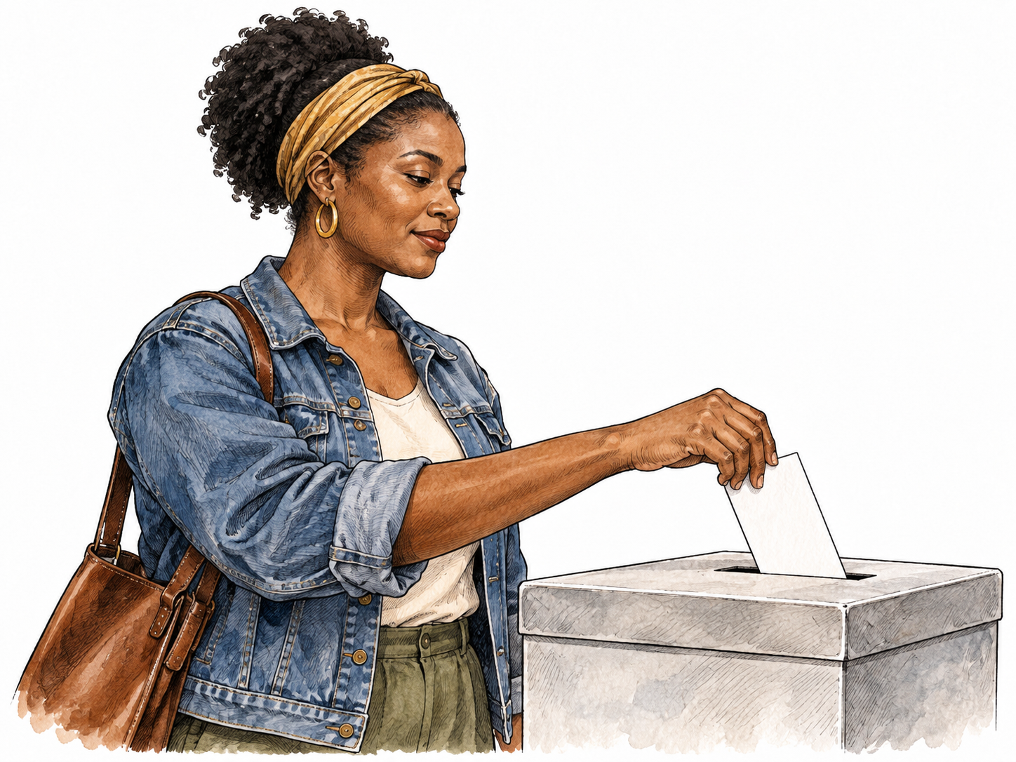 A Black adult woman places her ballot into a voting box with calm civic confidence, no candidate names.