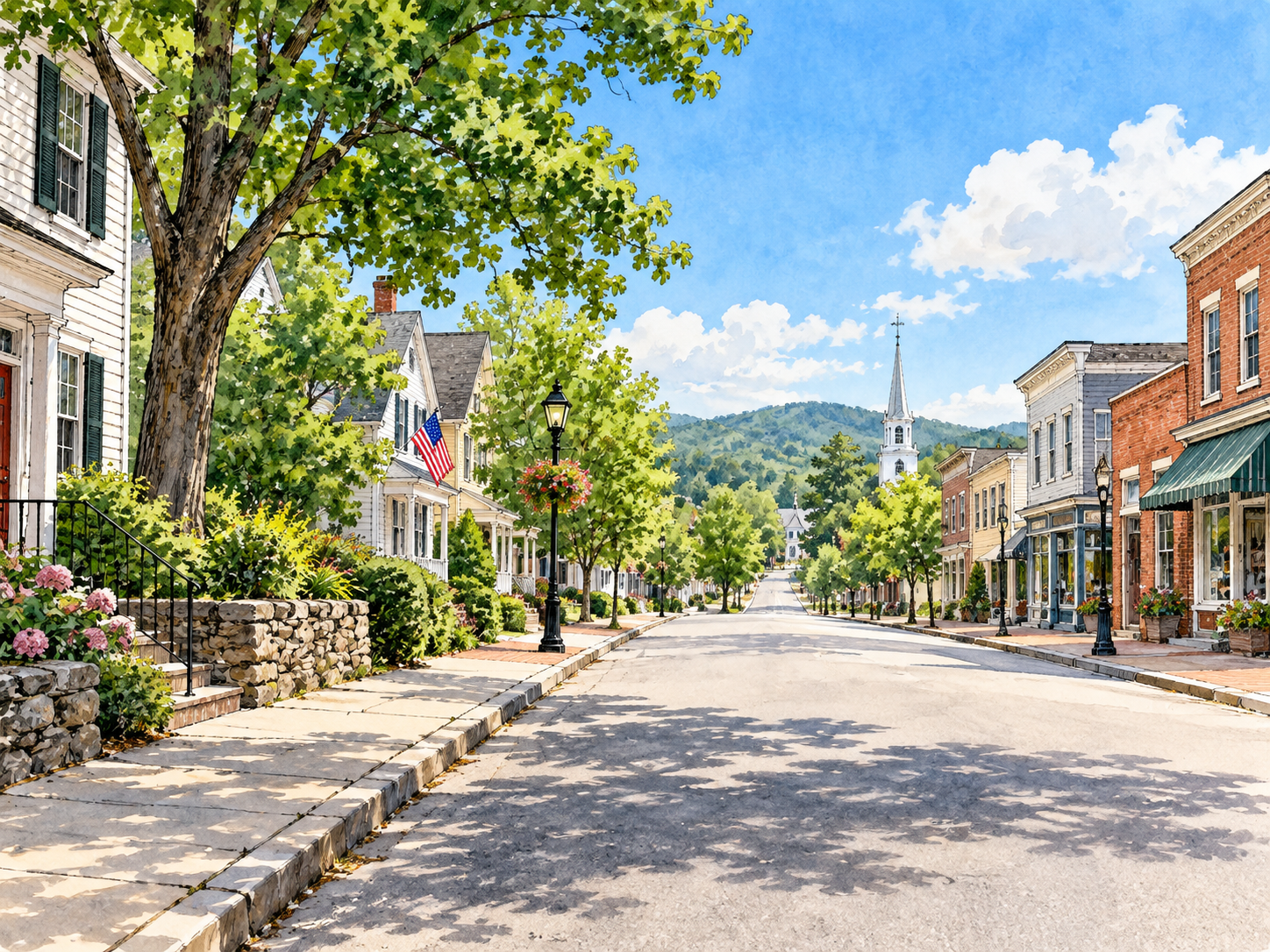 A quiet town under bright daytime sky, sunlight illuminates everyday street and long open view.