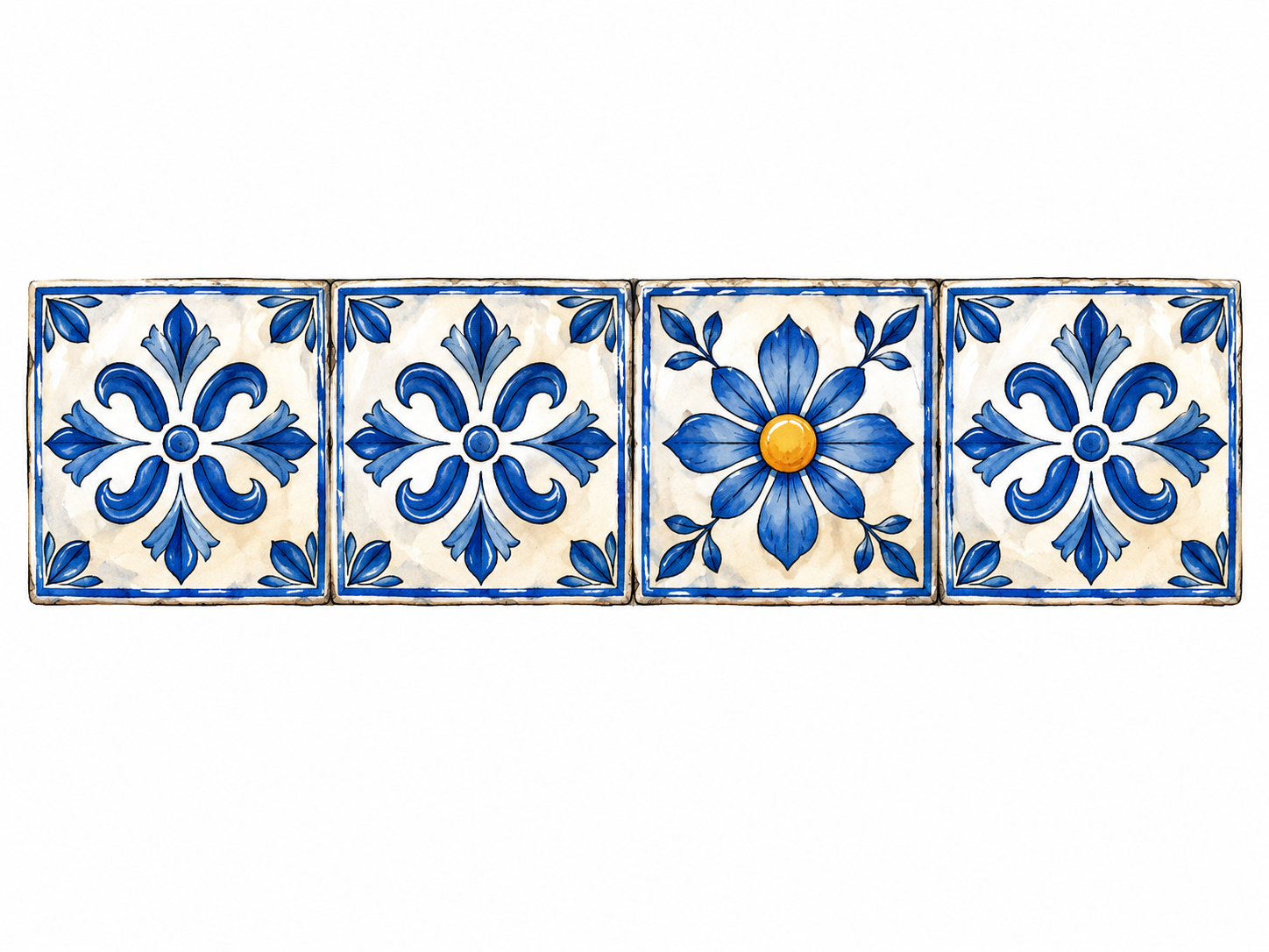 A row of blue patterned tiles with one tile showing a changed floral motif.