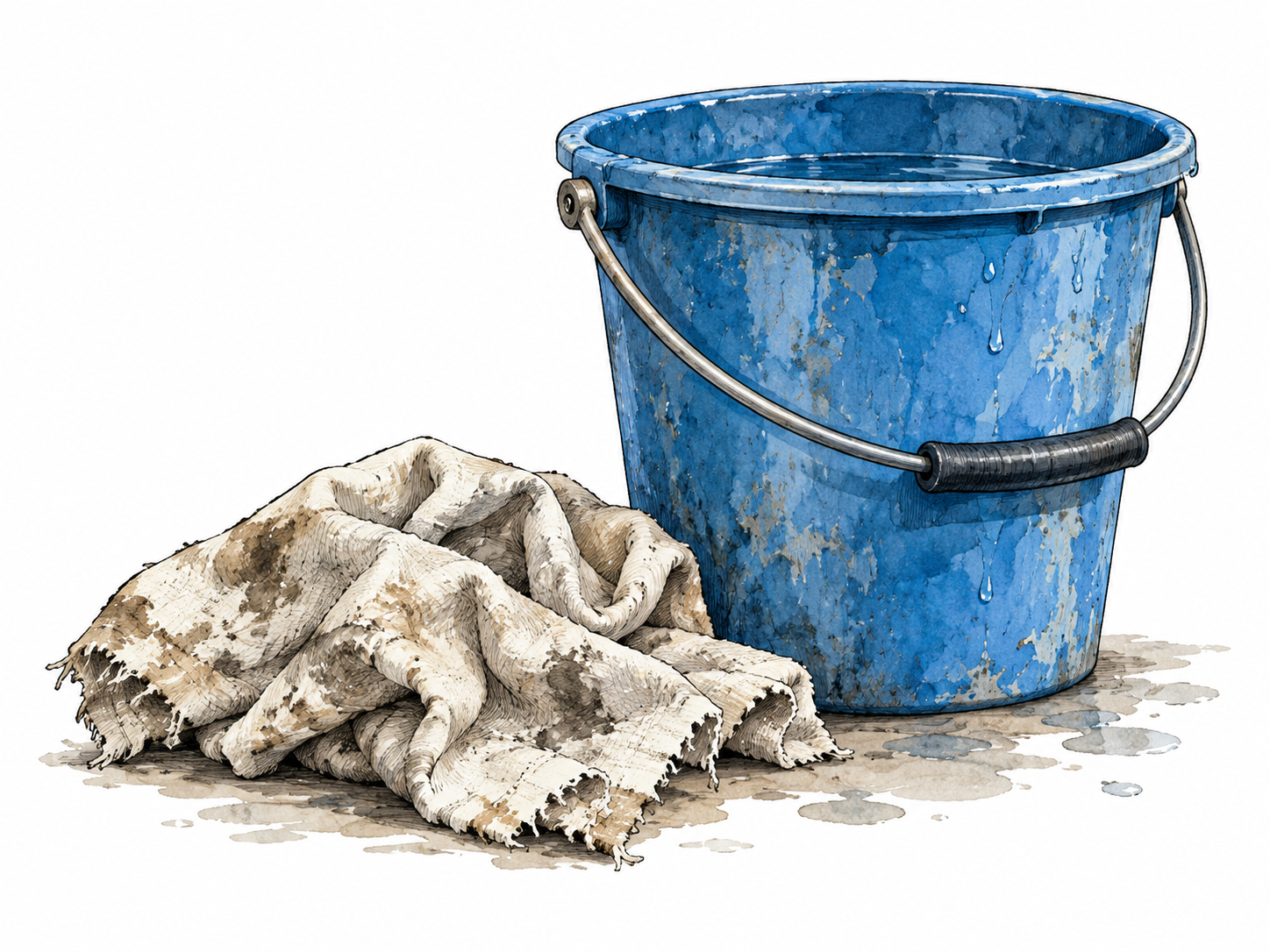 A worn torn cotton rag crumpled beside a cleaning bucket.