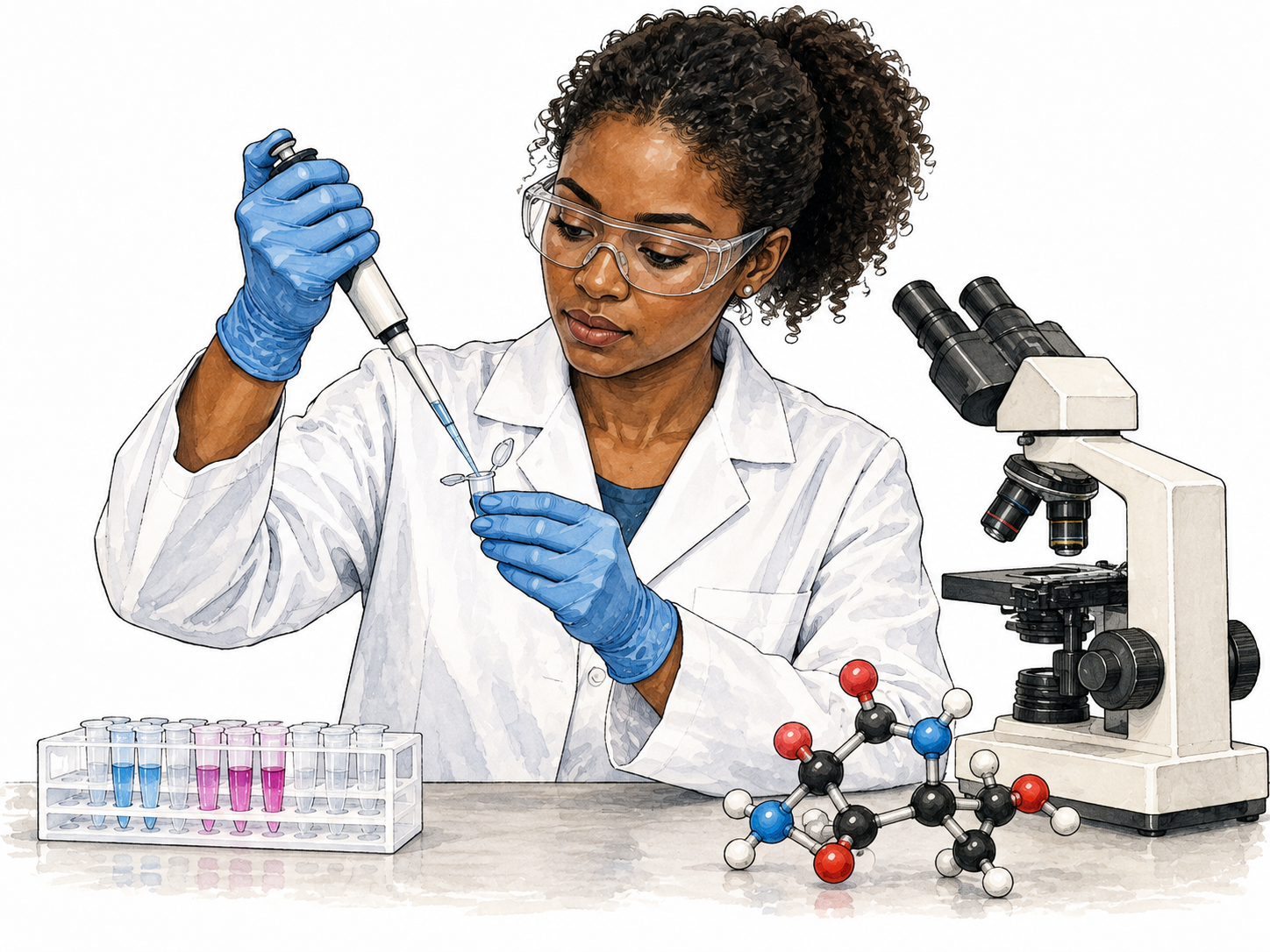 Black woman biochemist in lab coat pipettes into specimen tube beside molecular model and microscope.