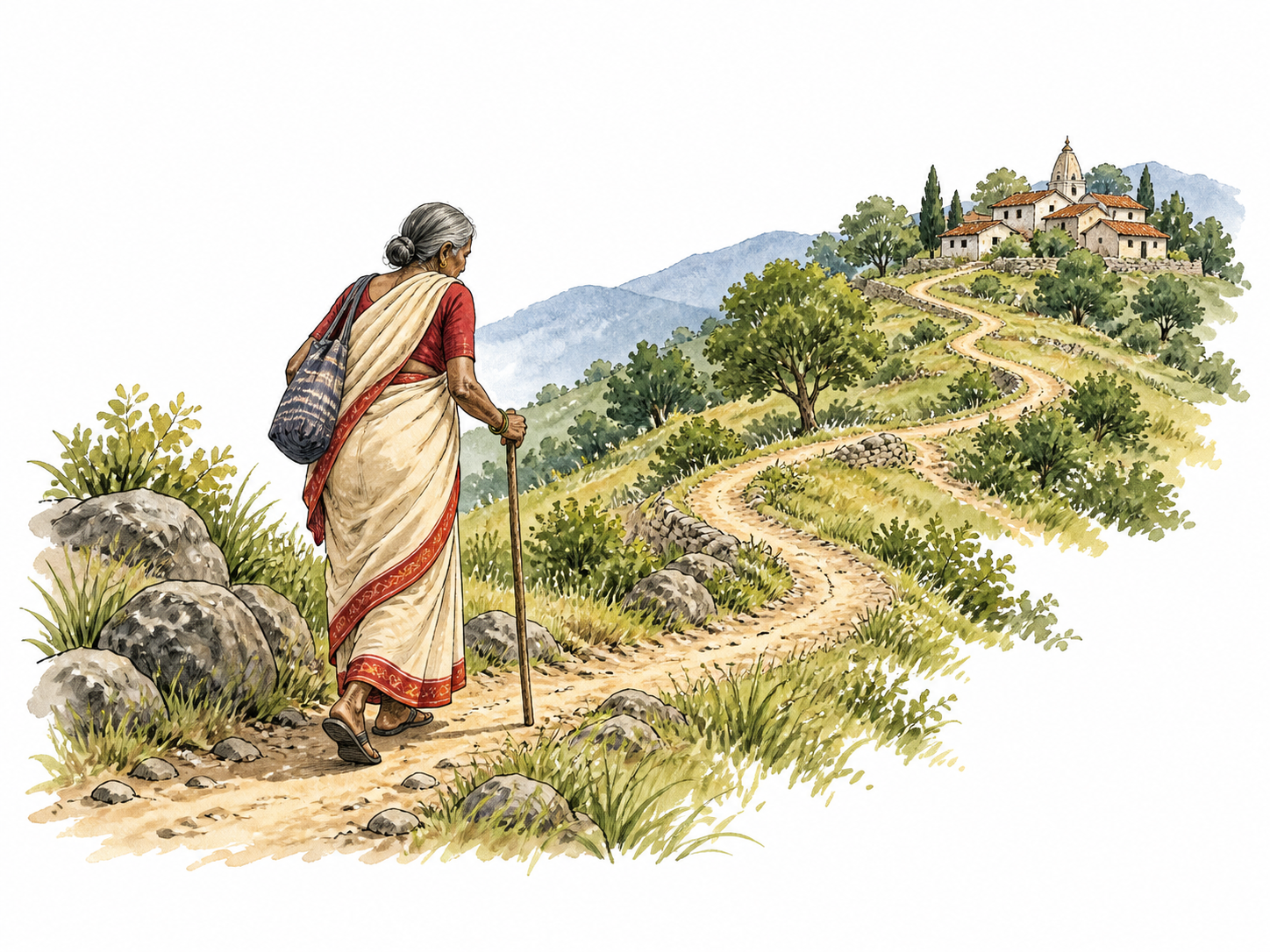 An elderly South Asian woman walking steadily along a gently winding hillside footpath toward a distant village.