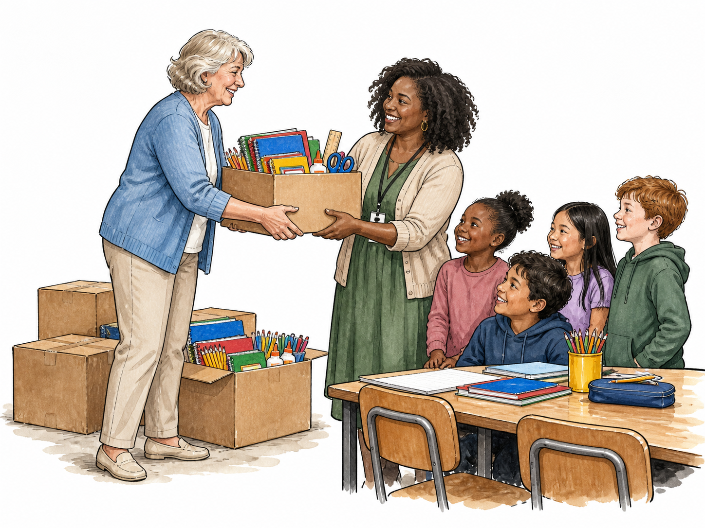 An older white woman donor delivering boxes of school supplies to a Black female teacher and diverse children at a community classroom, practical giving.