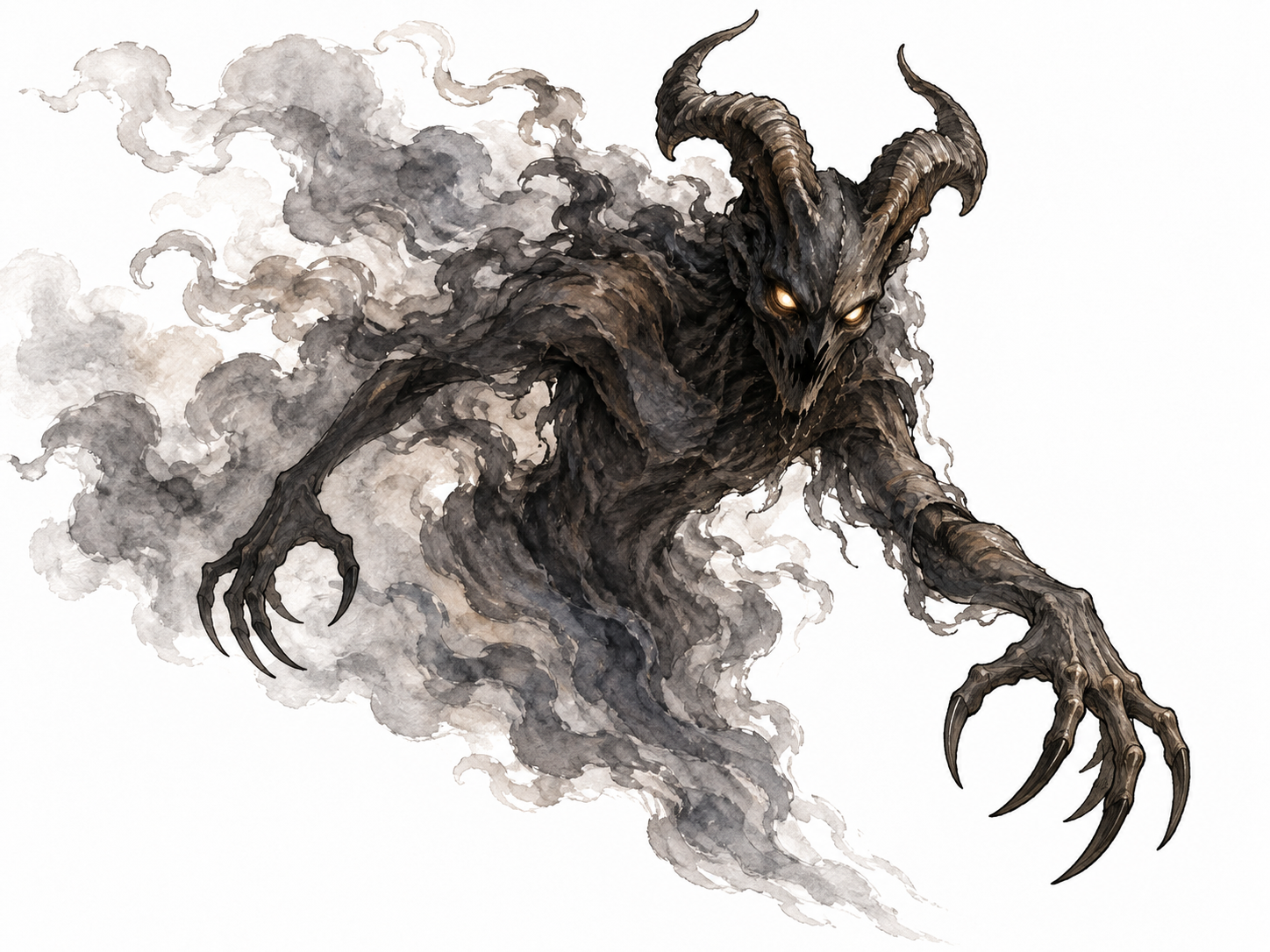 A menacing supernatural shadow spirit with horns and clawed silhouette emerging from smoke, no gore, naturalistic fantasy editorial ink.