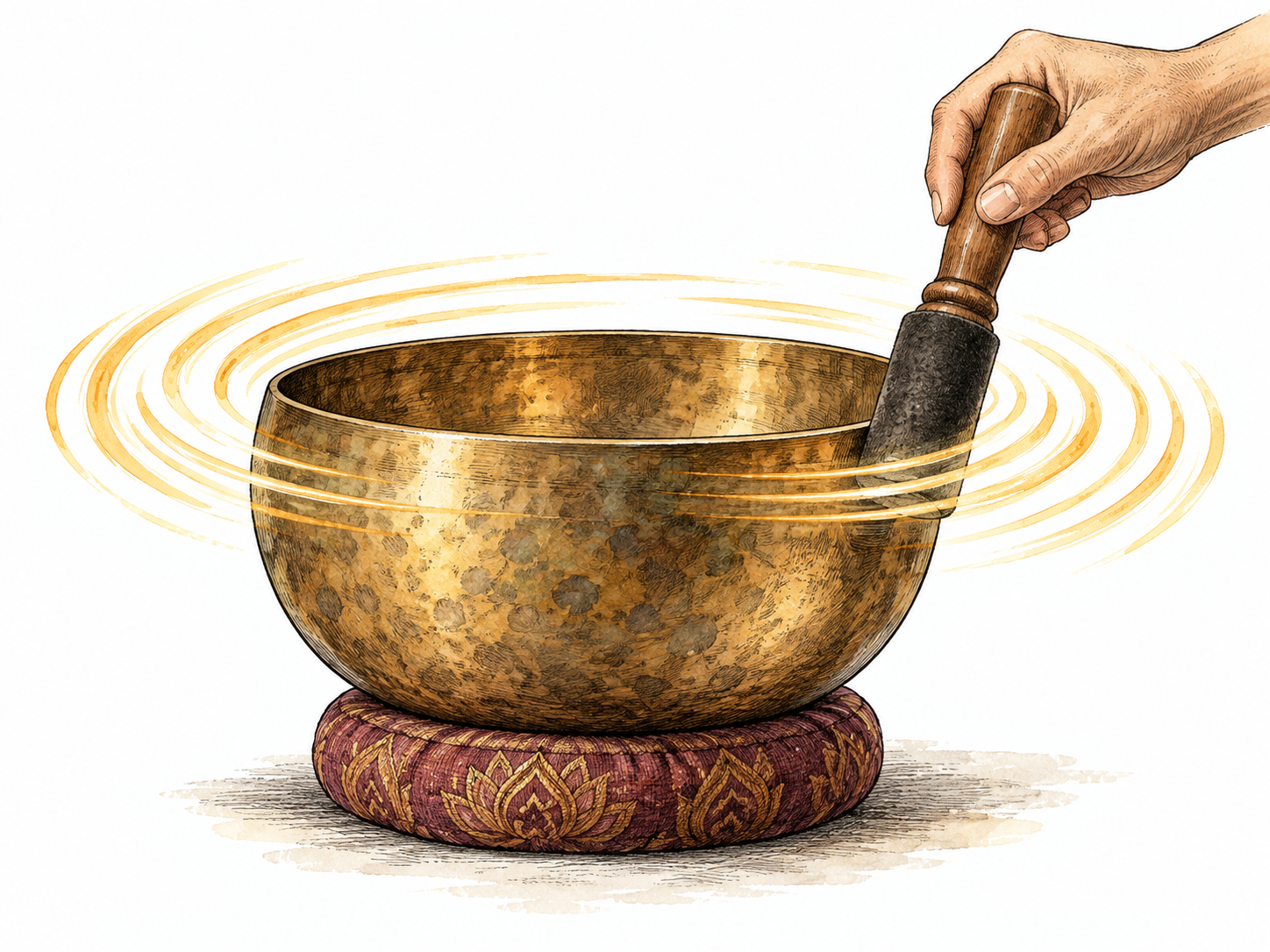 A large bronze singing bowl being rubbed around rim, warm subtle vibration lines conveying prolonged rich sound.