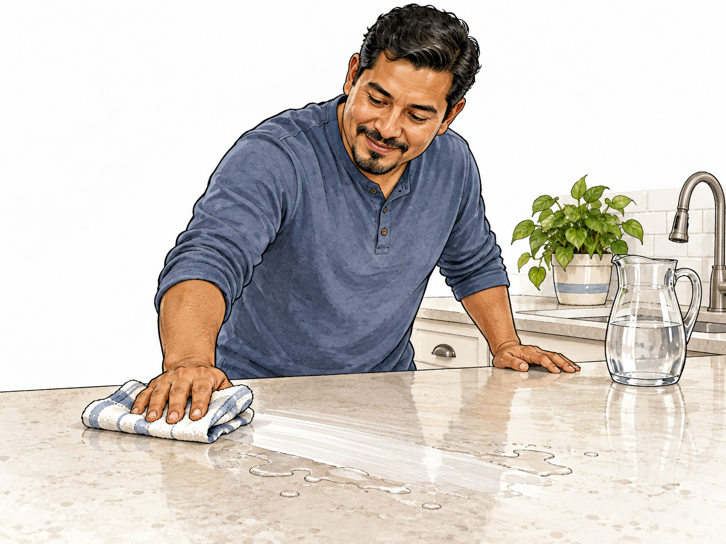 Latino father wipes spilled water off kitchen counter with cloth, clean streak visible.