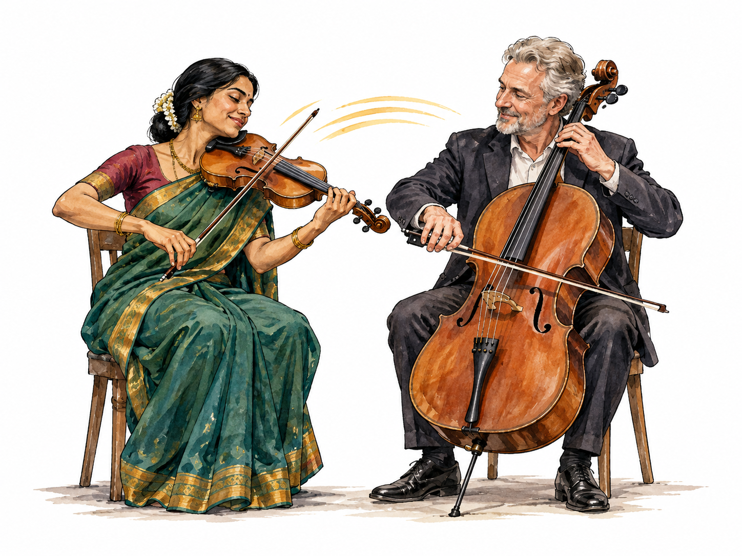 South Asian female violinist and older white male cellist attentively following a shared beat, relaxed coordinated playing in duet, no notation or letters.