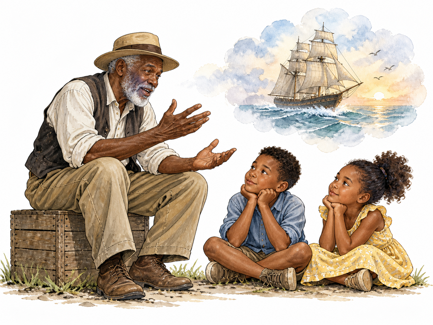 An older Black man tells a story to two attentive children, a faint imagined sailing ship in a soft cloud-like vignette.