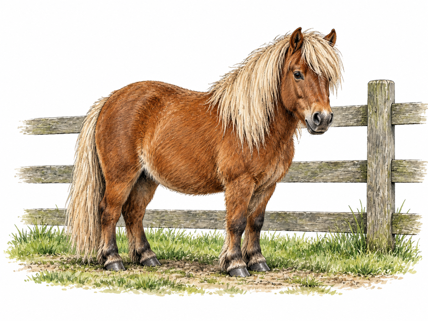 A small sturdy Shetland pony beside an adult fence, realistic proportions.