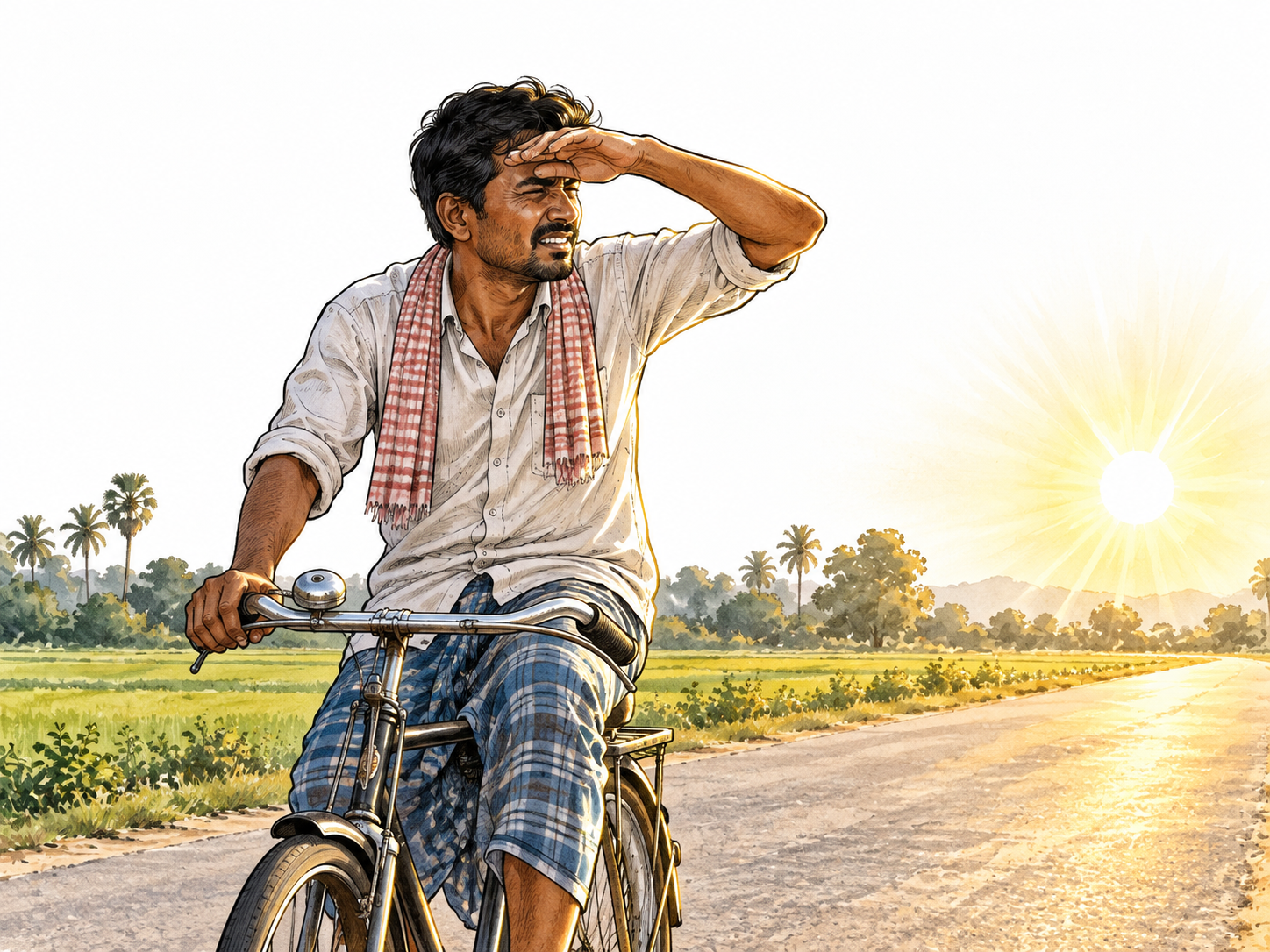 South Asian cyclist shields eyes from intense low sun glare, realistic bright light.