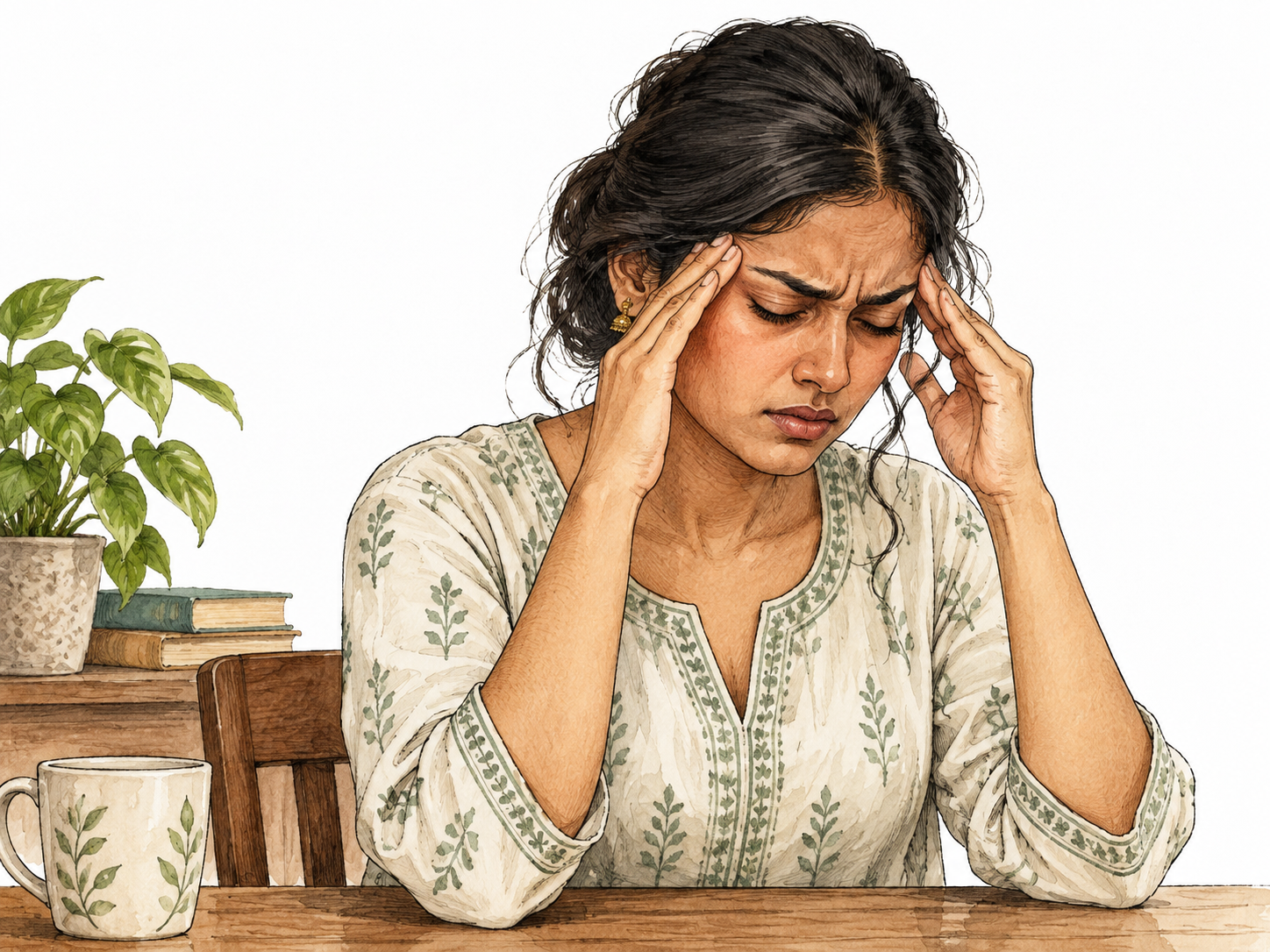 A South Asian woman presses fingertips to temples with a pained headache expression in quiet room.